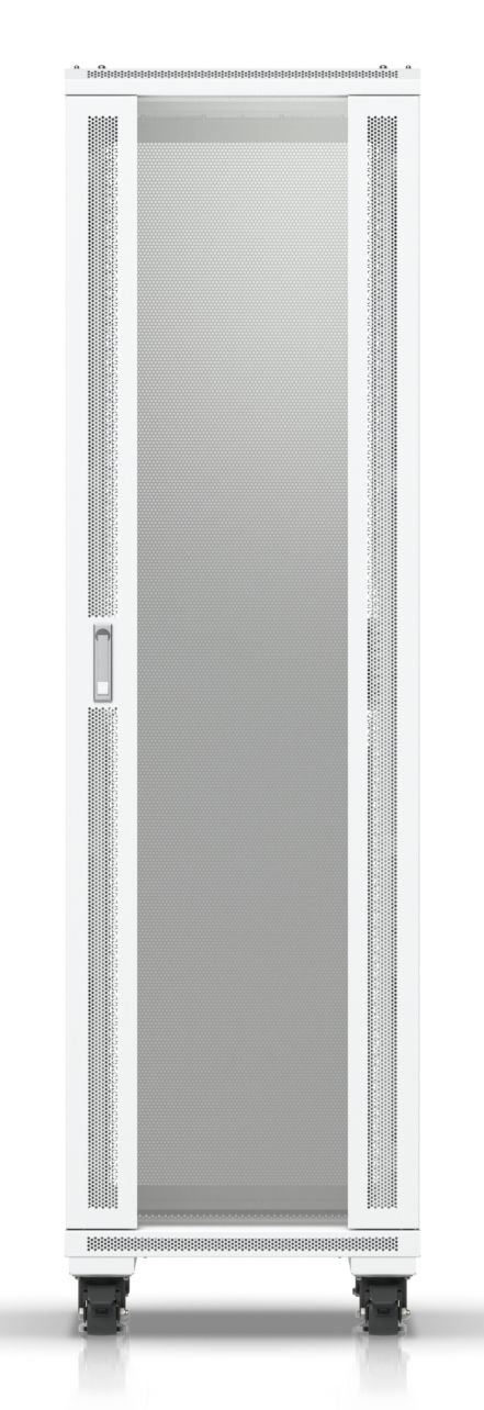 Voorkant van het Ubiquiti UniFi 42U Rack Cabinet (UACC-Rack-42U) wat een volledig gemonteerde serverkast met koeling is