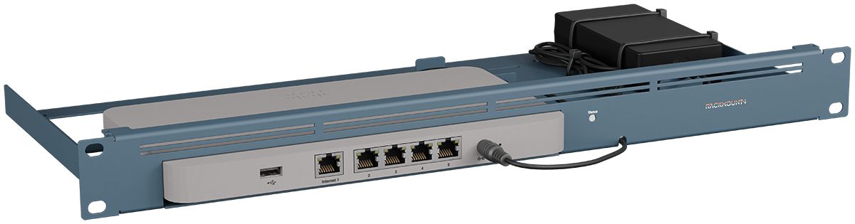 Linker zijkant en voorkant van de Rackmount kit RM-CI-T23 voor Cisco Meraki GX50 en MX67 serie hardware