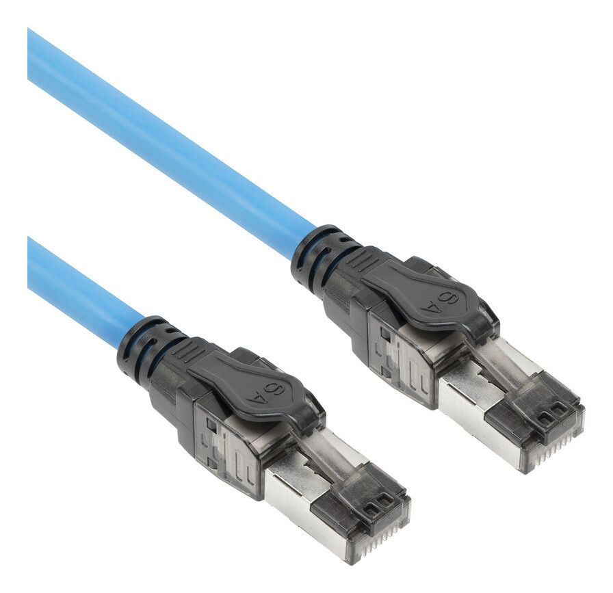Twee RJ45 male IDC connectoren van de ACT S/FTP CAT6A B2ca PoE++ 100W solid prefab installatiekabel