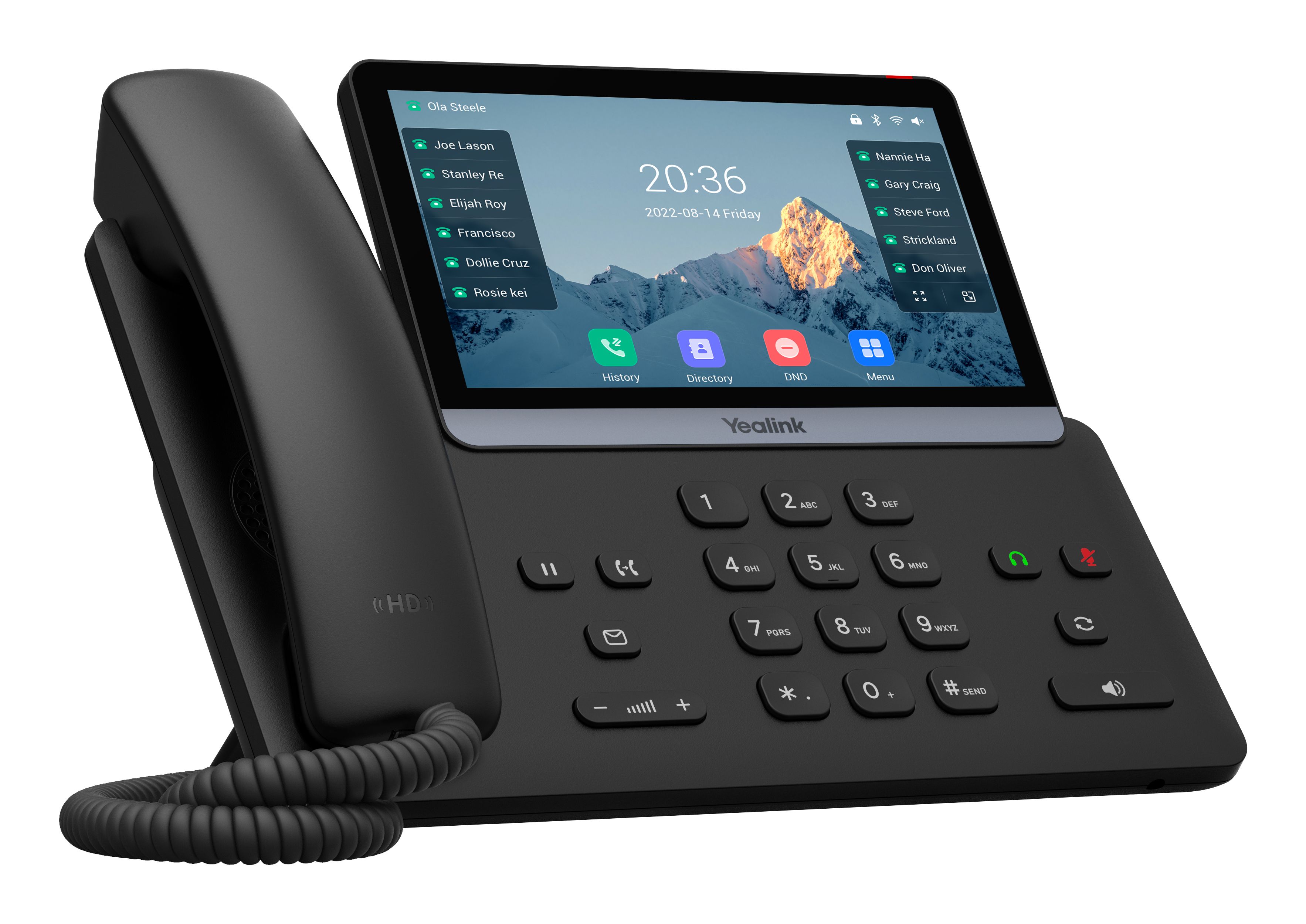 De Yealink SIP-T77U VoIP telefoon met 7 inch kleurentouchscreen schuin van linksvoor