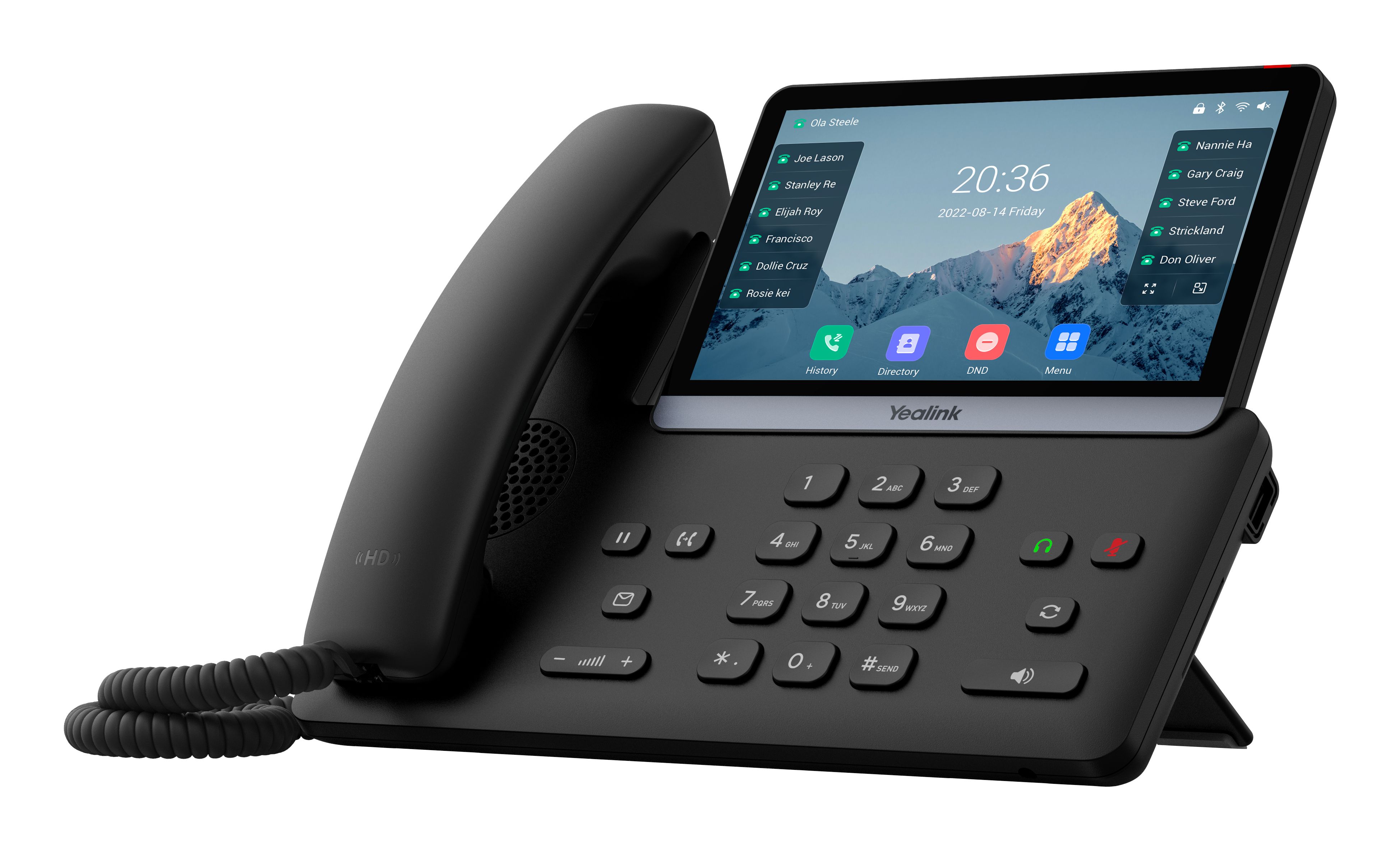 De Yealink SIP-T77U VoIP telefoon met 7 inch kleurentouchscreen schuin van rechtsvoor