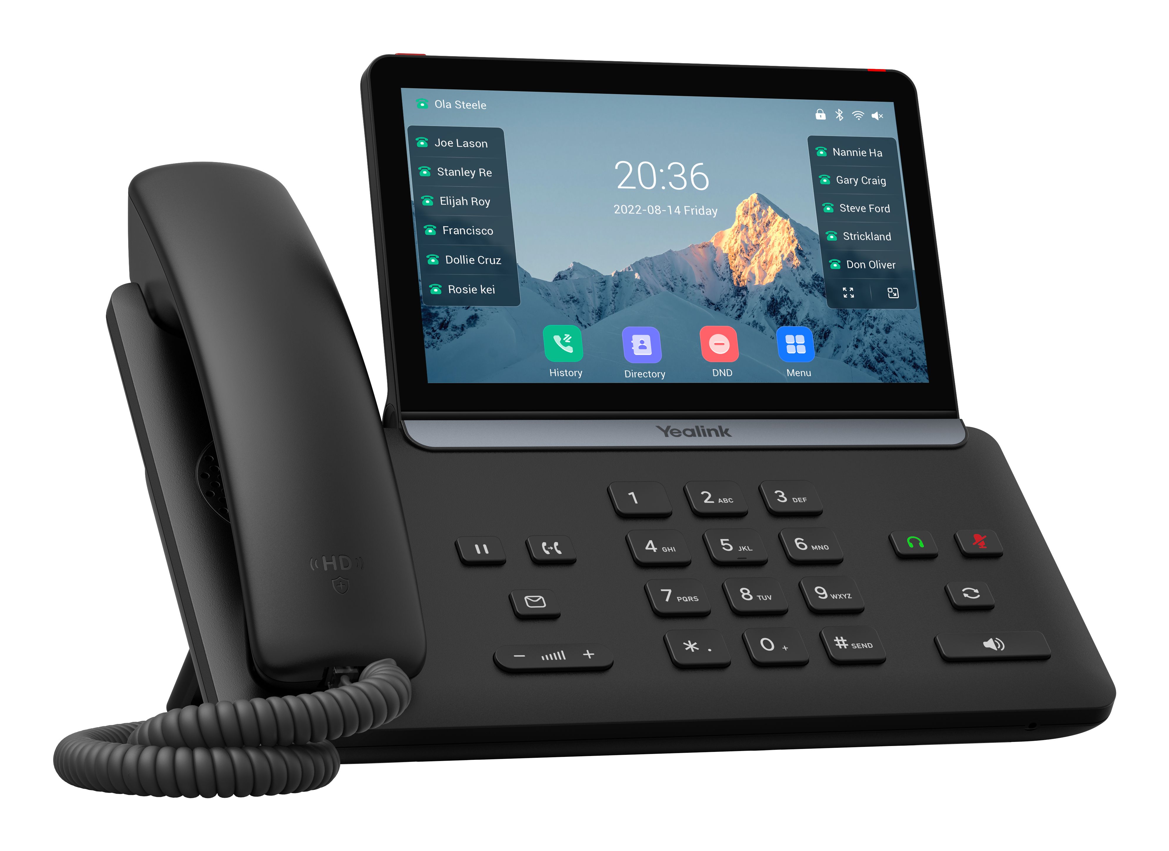 De Yealink SIP-T87W VoIP telefoon schuin van linksvoor met kleurendisplay