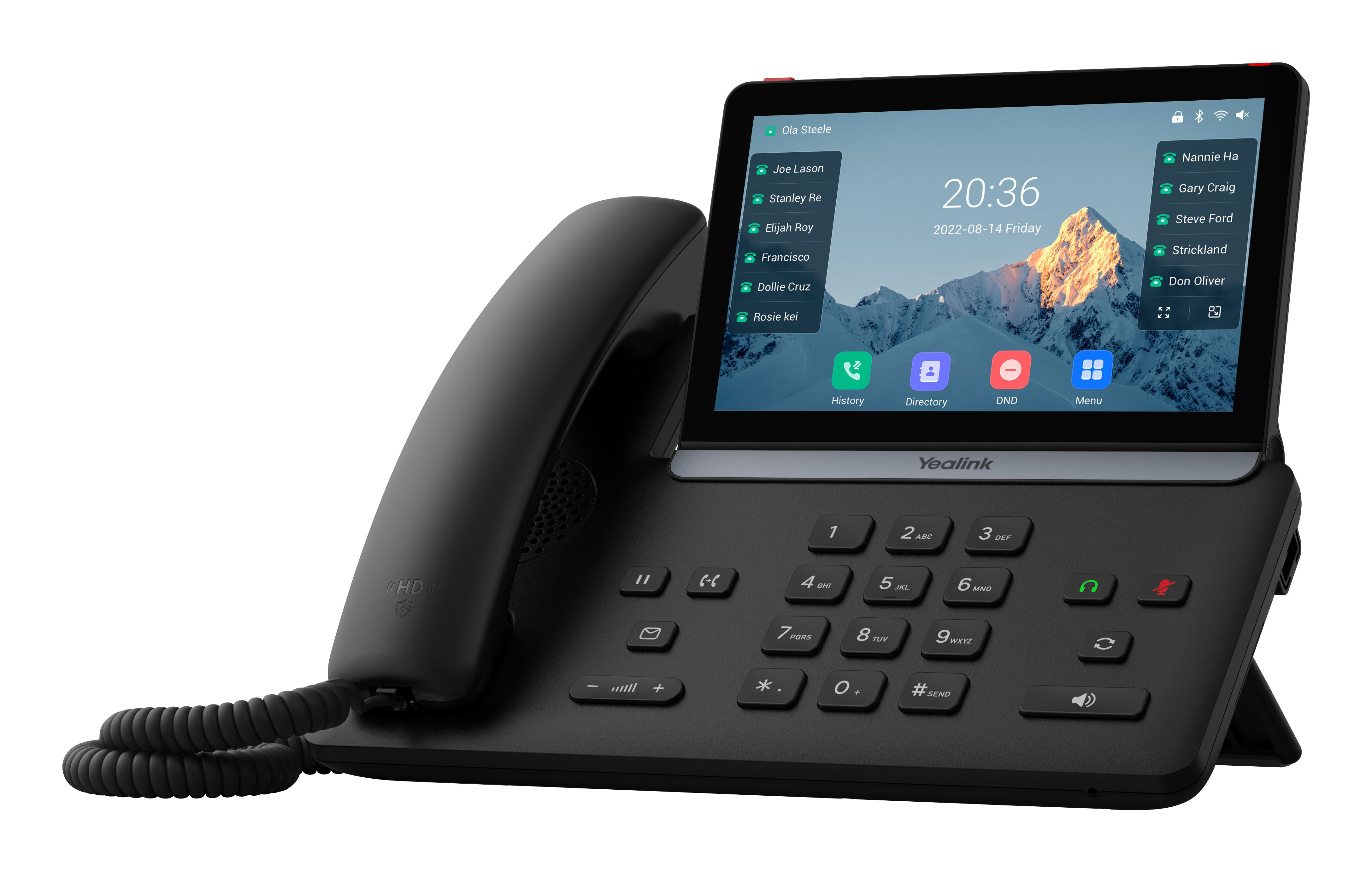 De Yealink SIP-T87W VoIP telefoon schuin van rechtsvoor met kleurendisplay