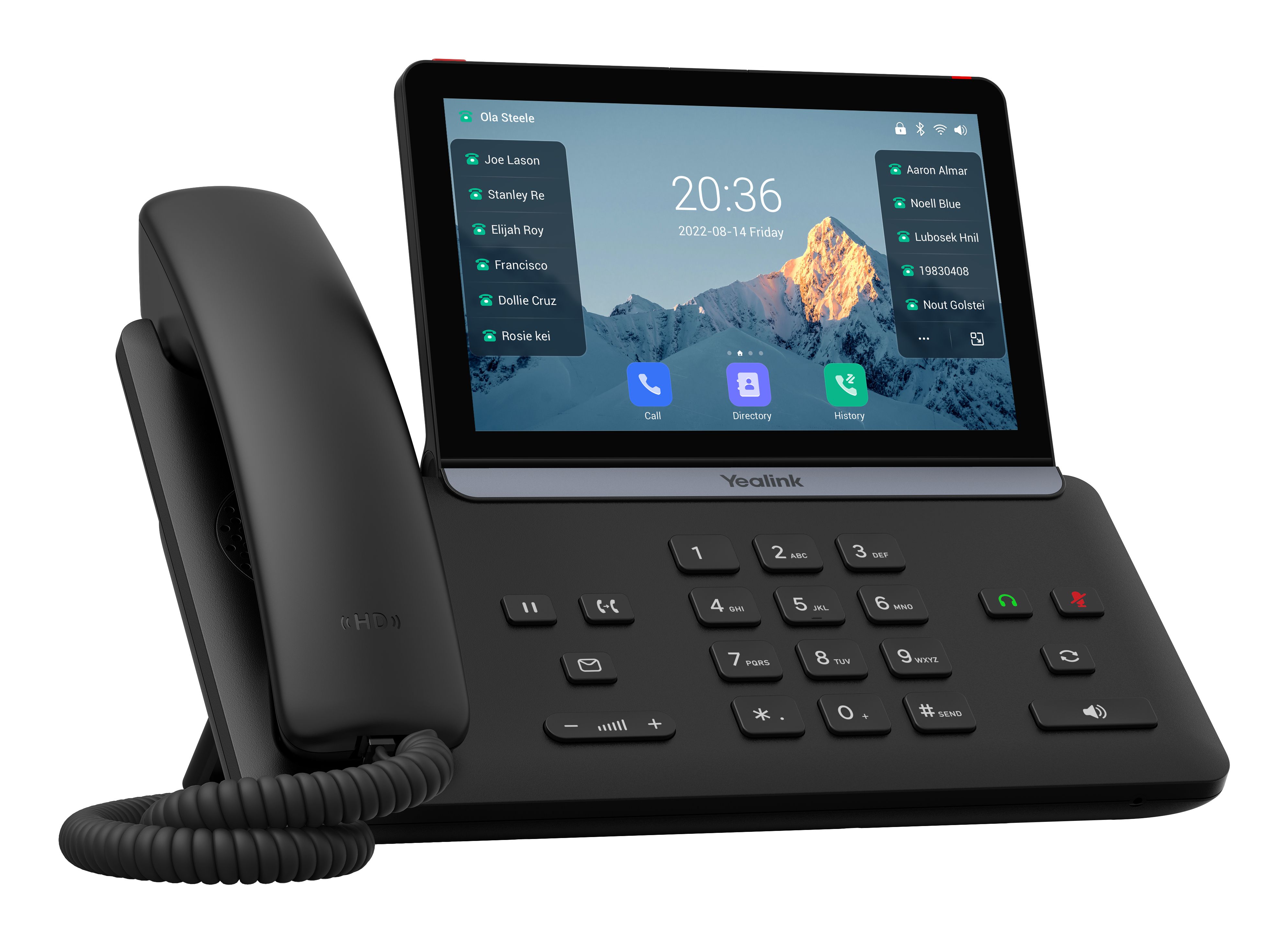De Yealink SIP-T88W VoIP telefoon schuin van linksvoor met kleurendisplay