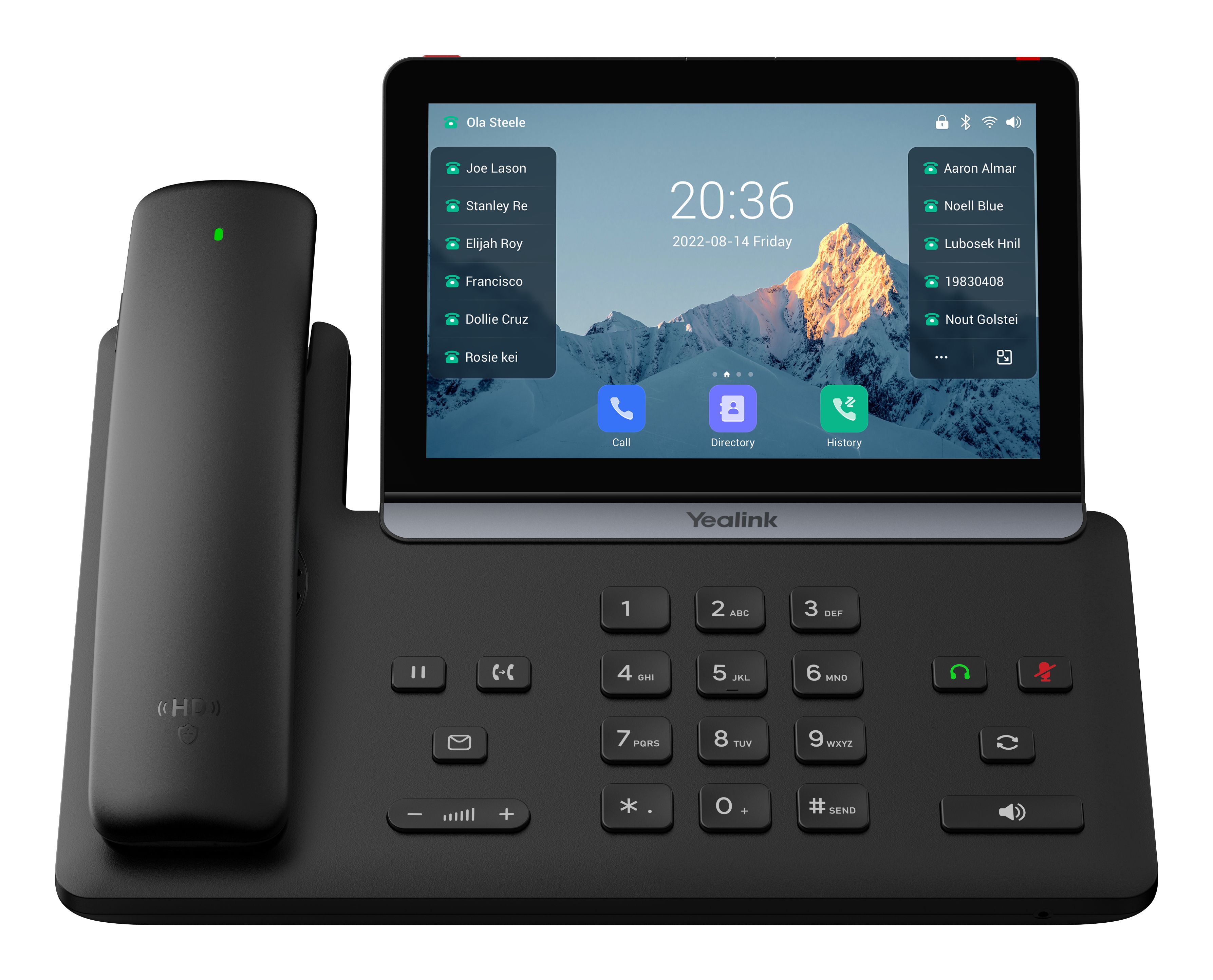 Voorkant van de Yealink SIP-T88W Pro VoIP telefoon met draadloze Bluetooth handset en 7 inch touchscreen