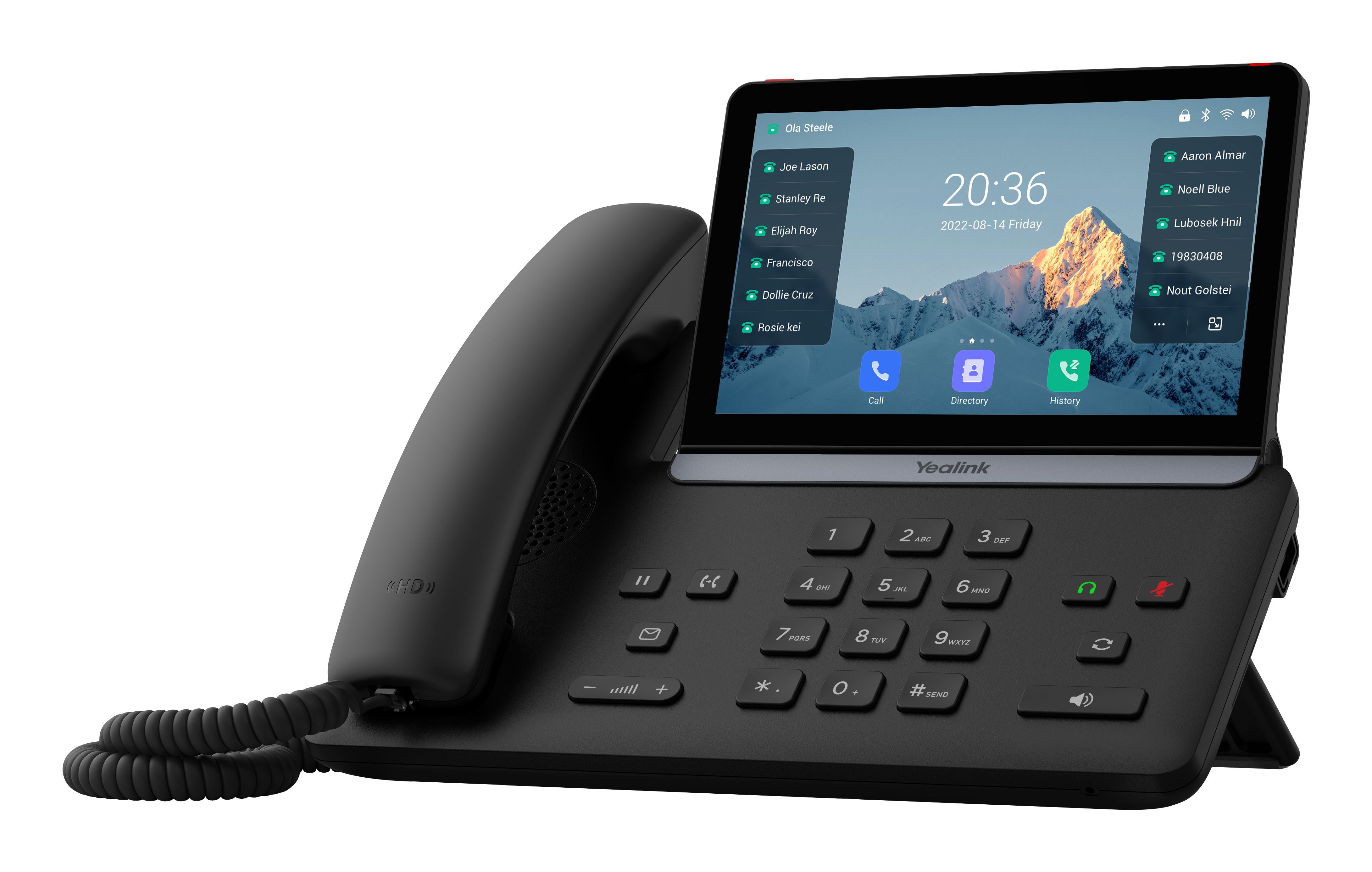 De Yealink SIP-T88W VoIP telefoon schuin van rechtsvoor met kleurendisplay