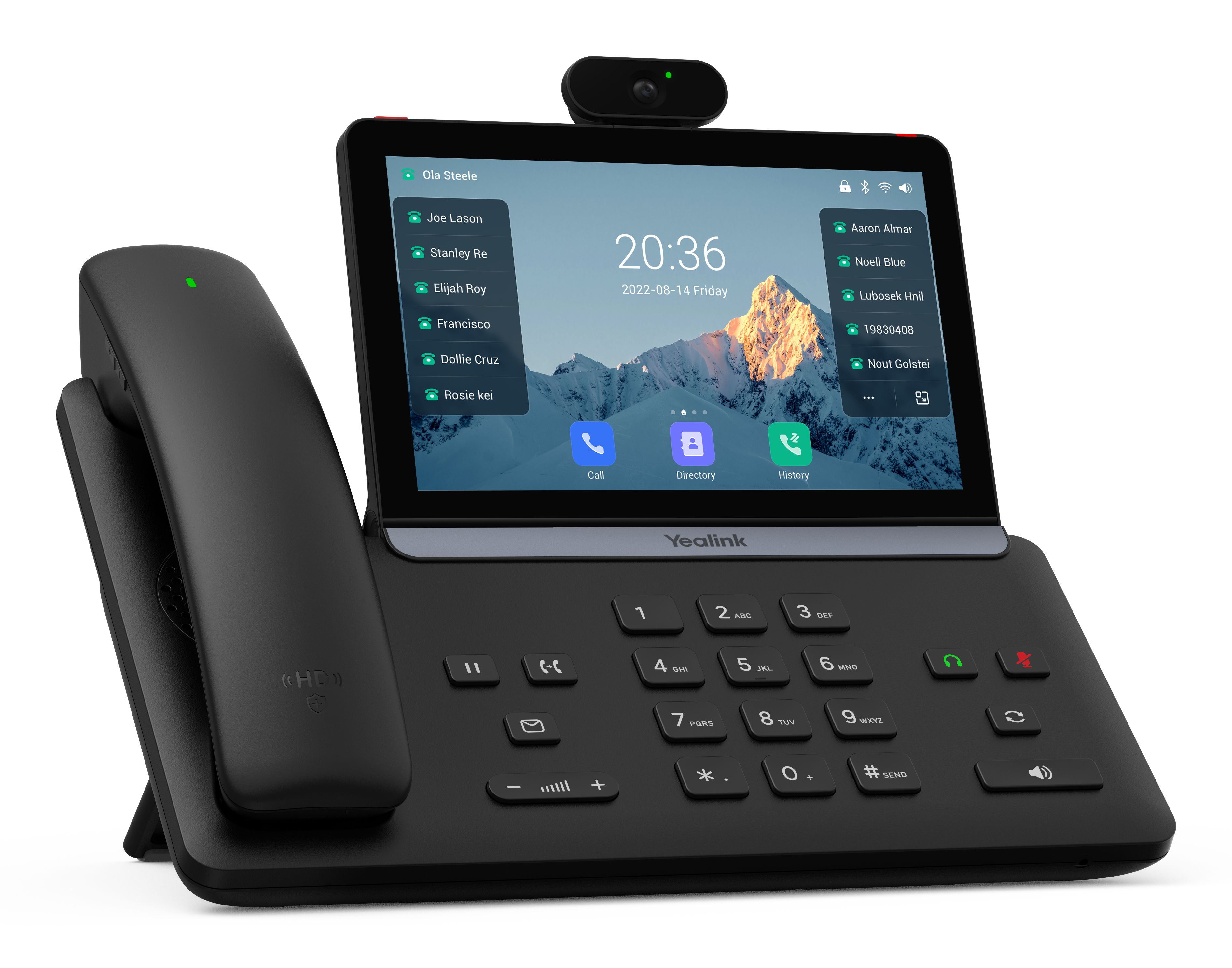 De Yealink SIP-T88V Pro VoIP telefoon schuin van linksvoor met display, Bluetooth handset en camera
