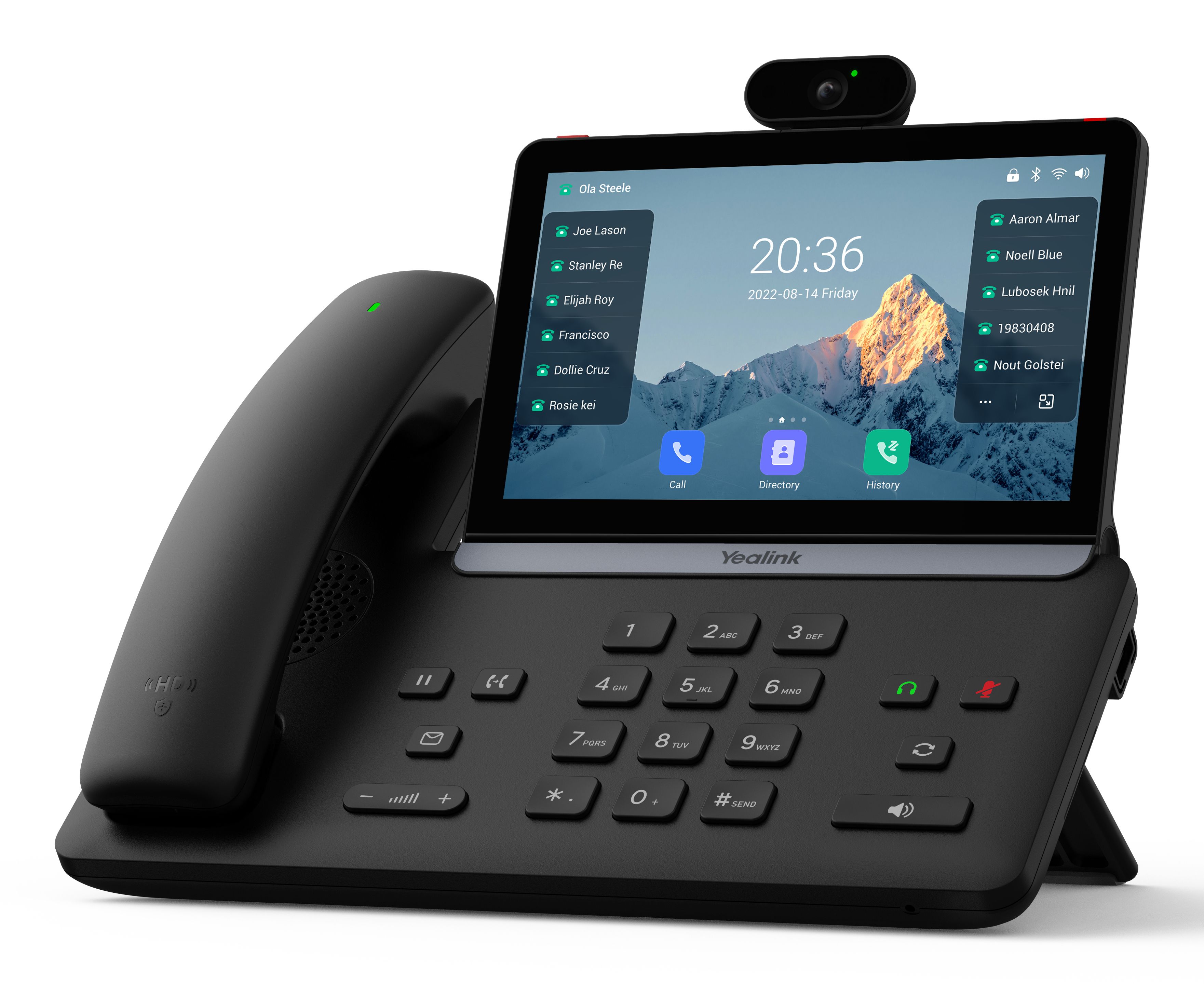 De Yealink SIP-T88V Pro VoIP telefoon schuin van rechtsvoor met Bluetooth handset, display en camera