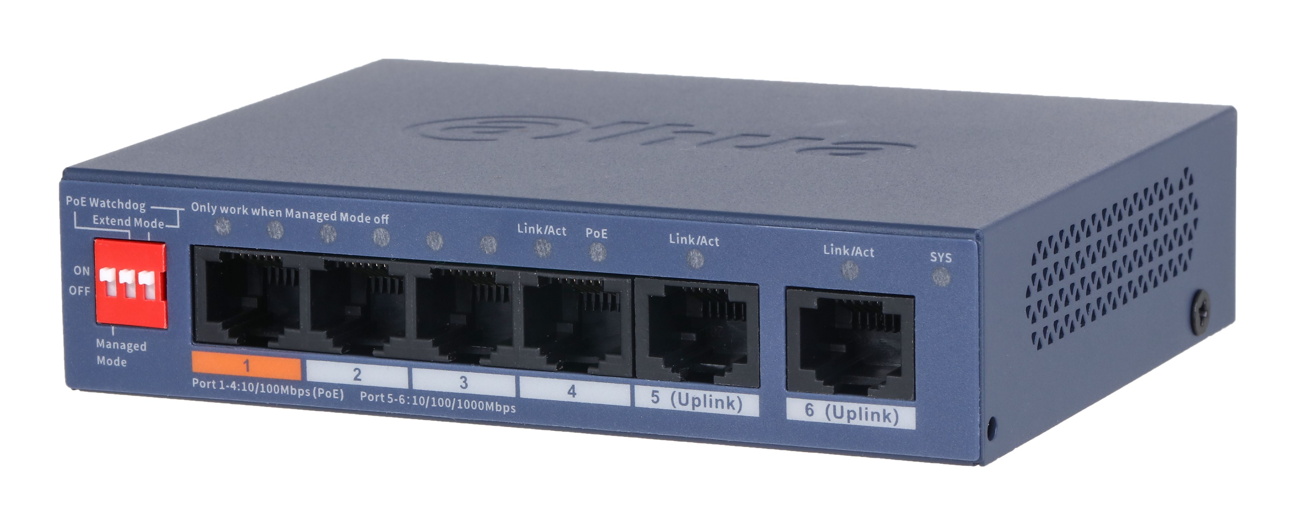Zijkant en voorkant van de Dahua DH-CS4006-4ET2GT-60 6-Poorts Cloud-Managed Switch met alle poorten zichtbaar