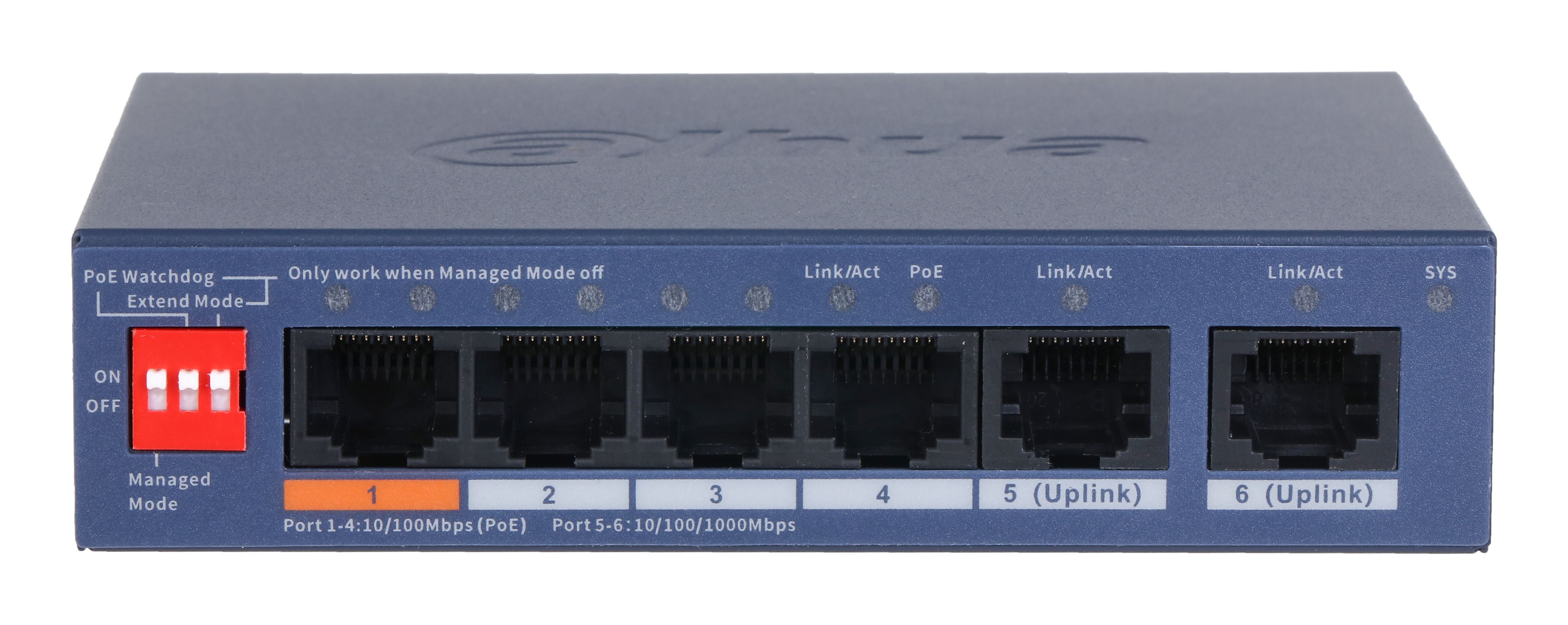 Bovenkant en voorkant van de Dahua DH-CS4006-4ET2GT-60 6-Poorts Cloud-Managed Switch met de poorten zichtbaar