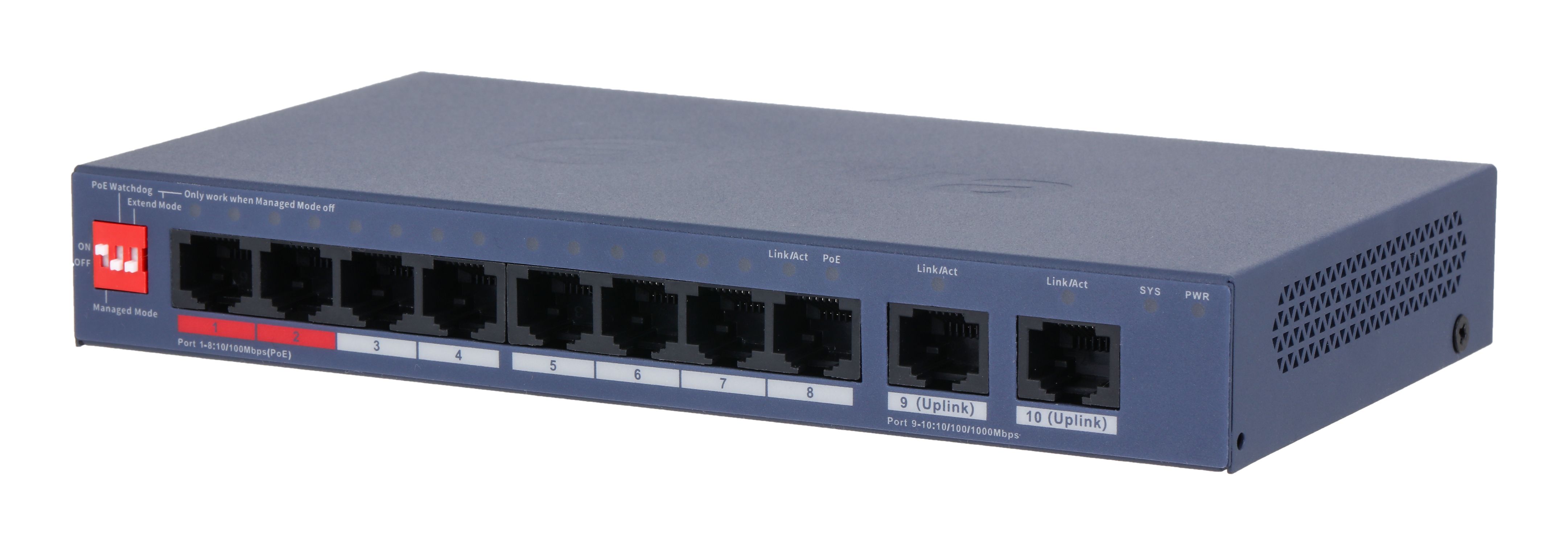 Zijkant en voorkant van de Dahua DH-CS4010-8ET2GT-110 10-Poorts Cloud-Managed Switch