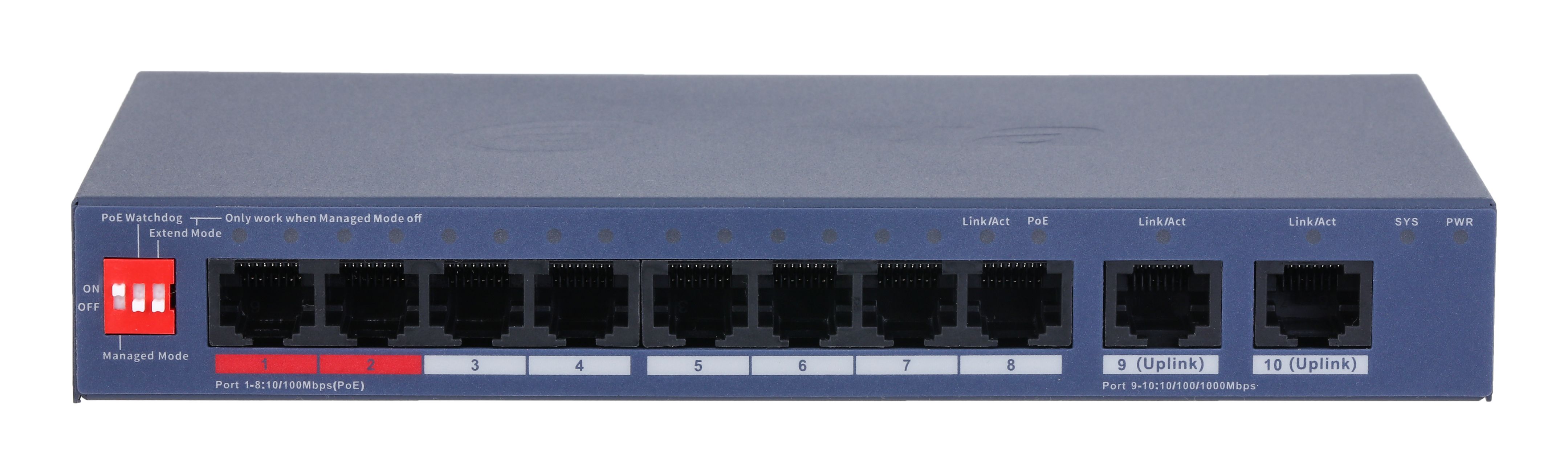 Voorkant van de Dahua DH-CS4010-8ET2GT-110 10-Poorts Cloud-Managed Switch met alle poorten