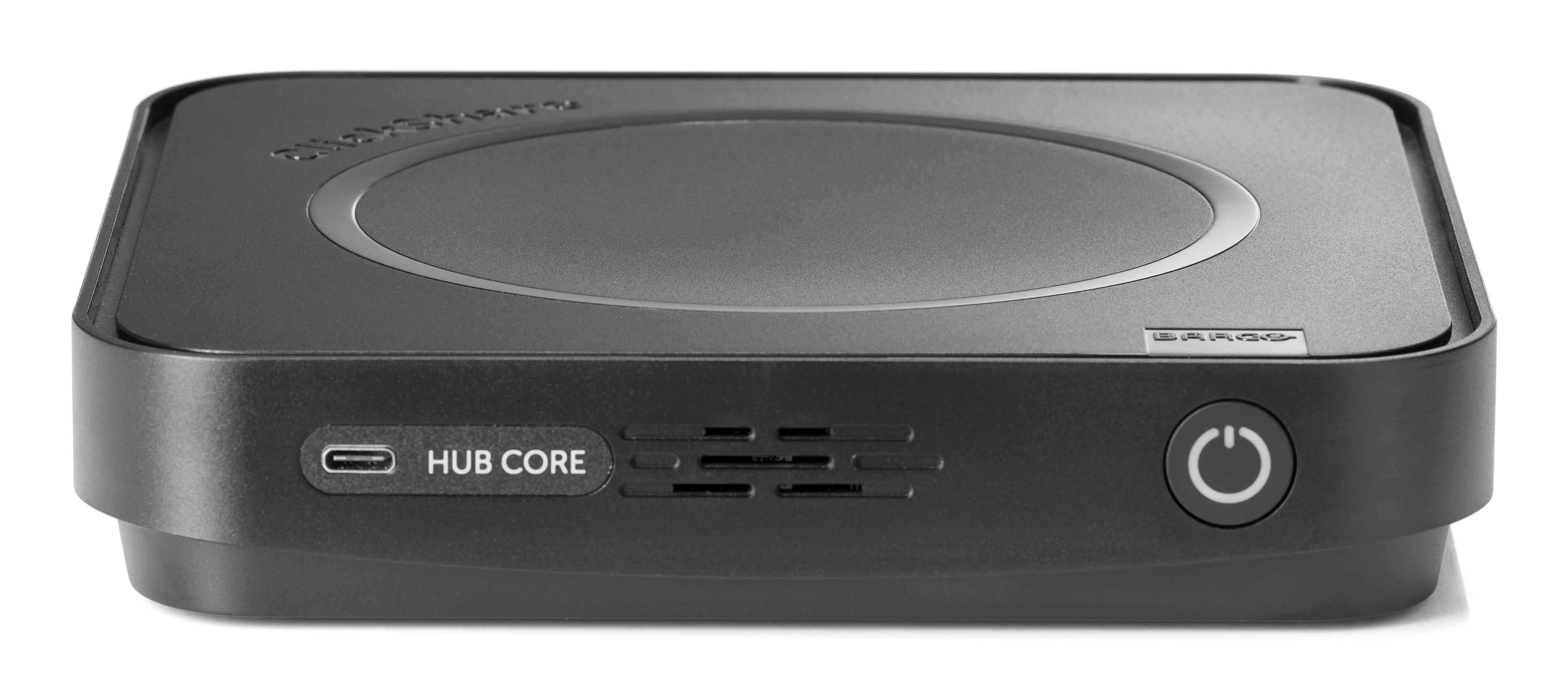 Voorkant van de Barco ClickShare Hub Core met aan-en uitknop