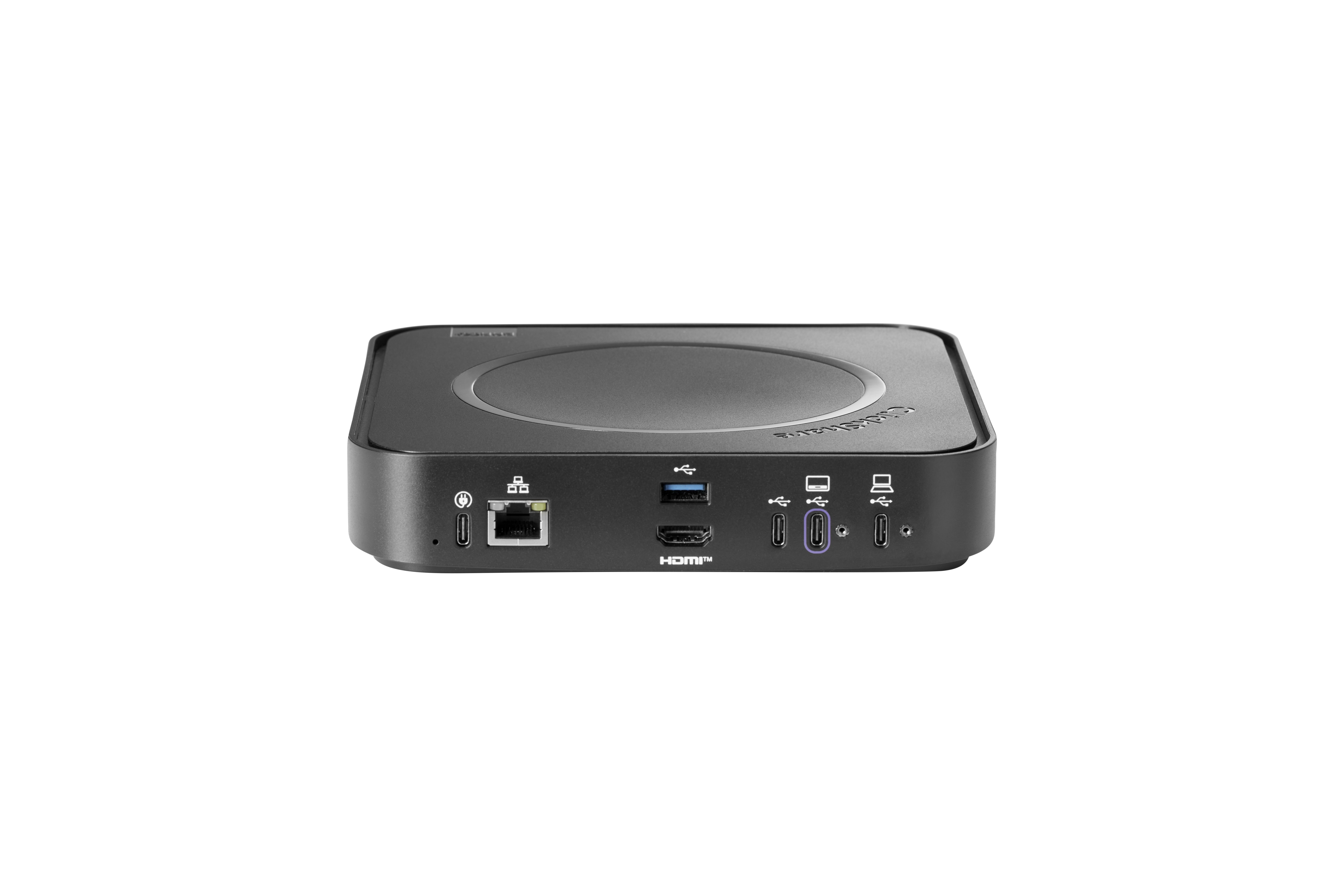 Achterkant van de Barco ClickShare Hub Core met USB-C, USB-A, HDMI en RJ45 poorten