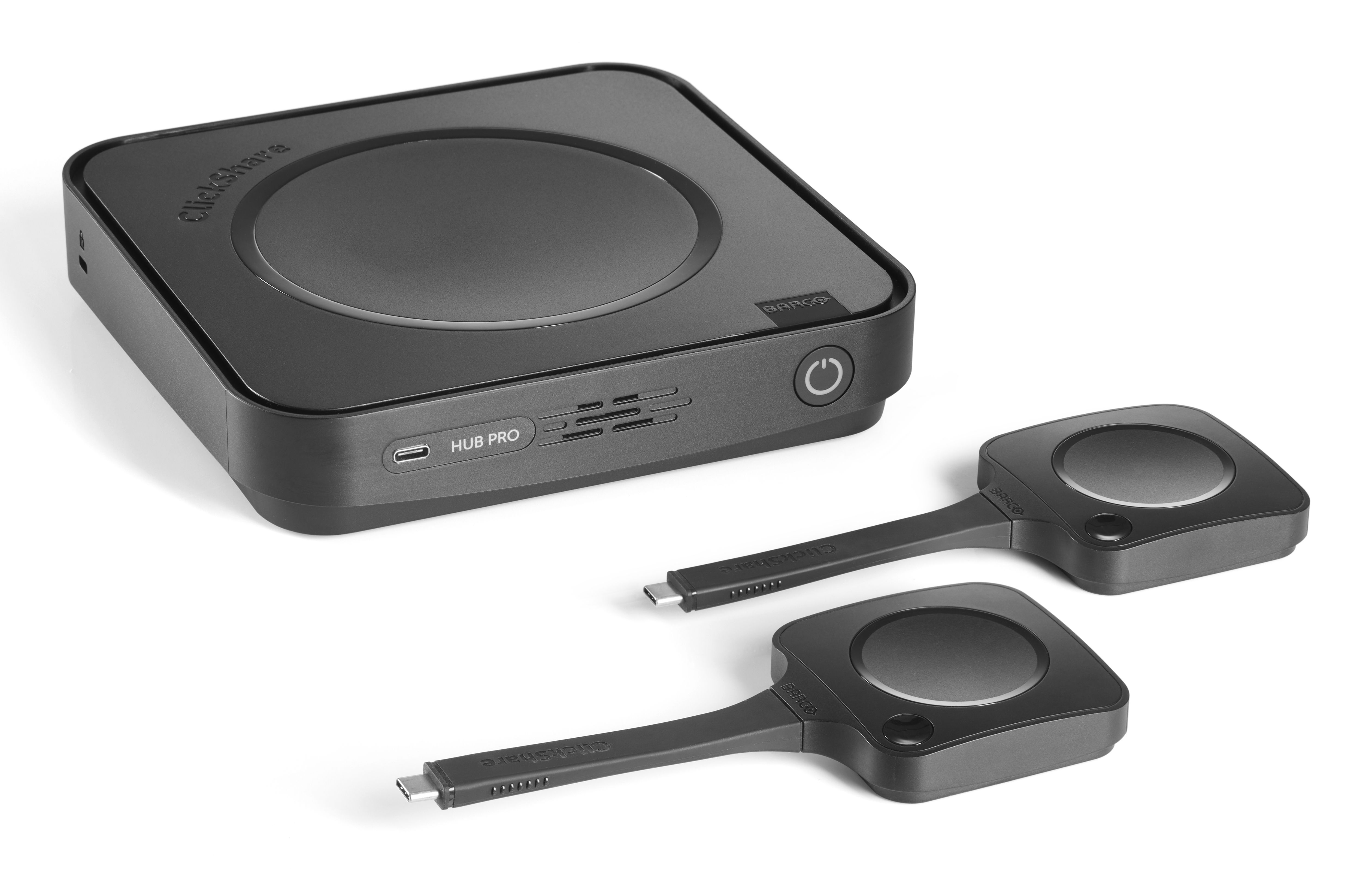 Barco ClickShare Hub Pro met 2 ClickShare Buttons voor draadloos presenteren op twee schermen
