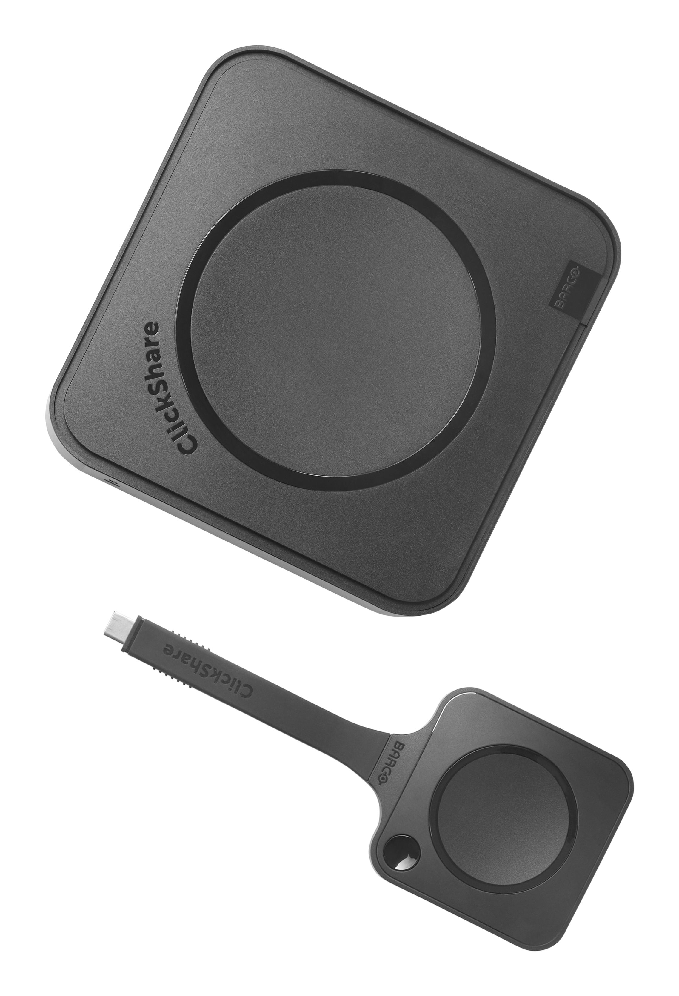 Bovenkant van de Barco ClickShare Hub Core met 1 ClickShare Button voor draadloos presenteren