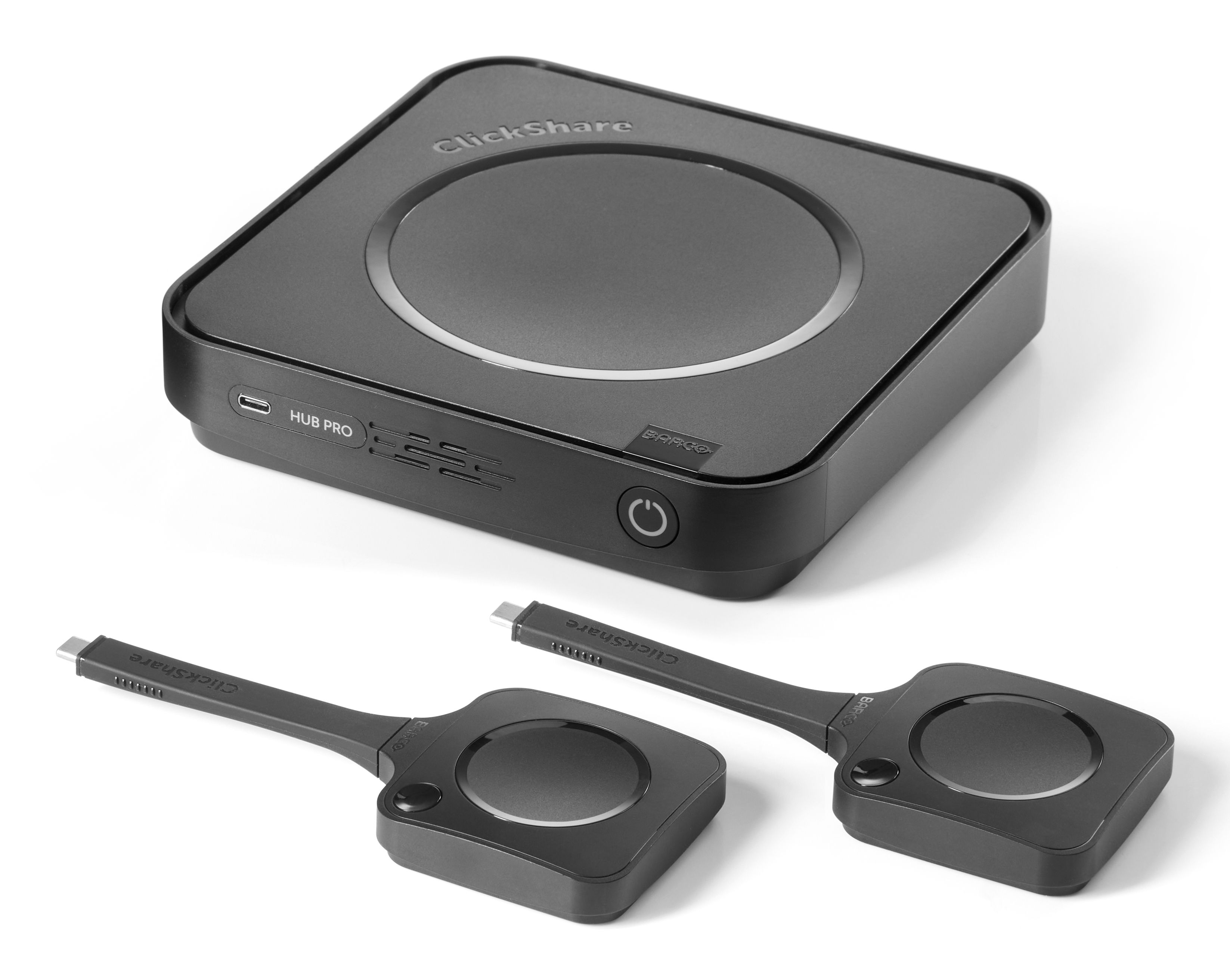 Barco ClickShare Hub Pro met 2 ClickShare Buttons voor draadloos presenteren op twee schermen