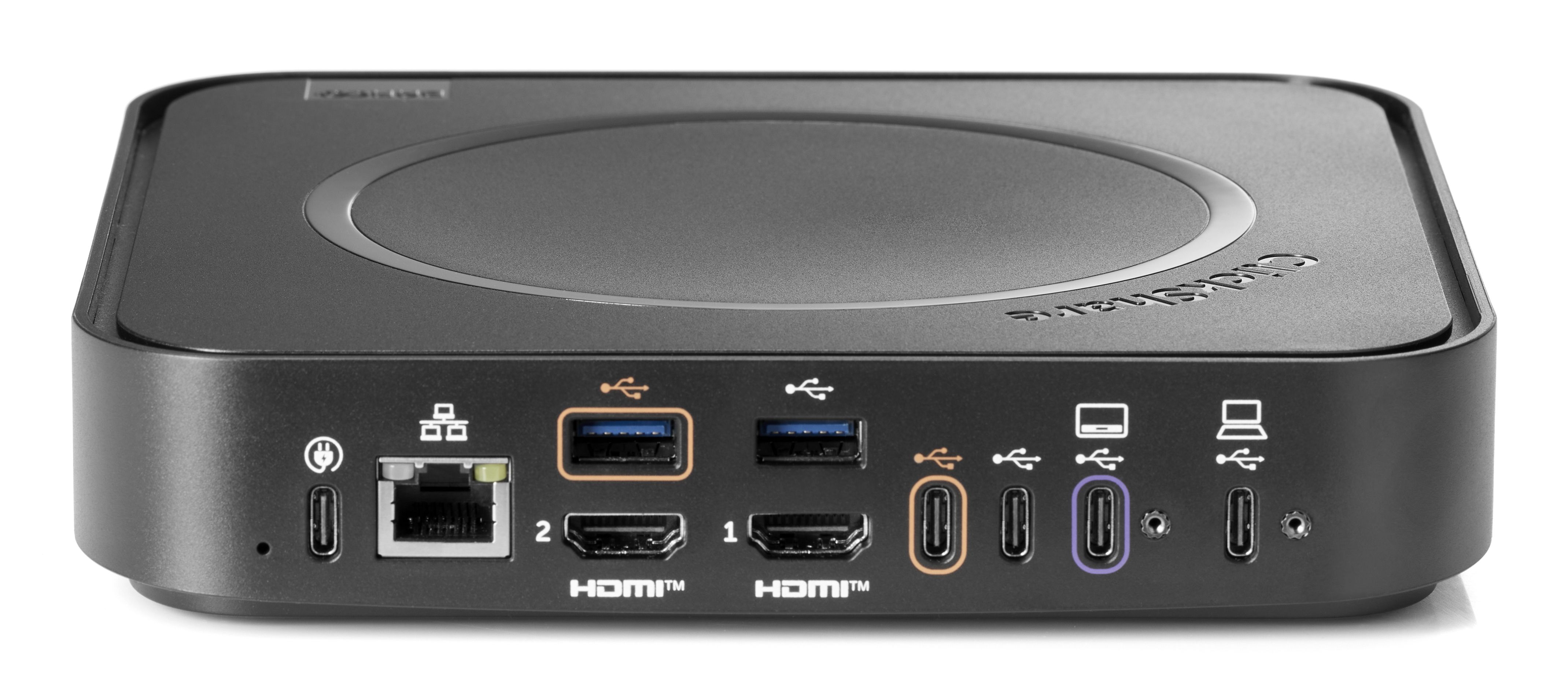 Achterkant van de Barco ClickShare Hub Pro met ondersteuning voor 2 schermen