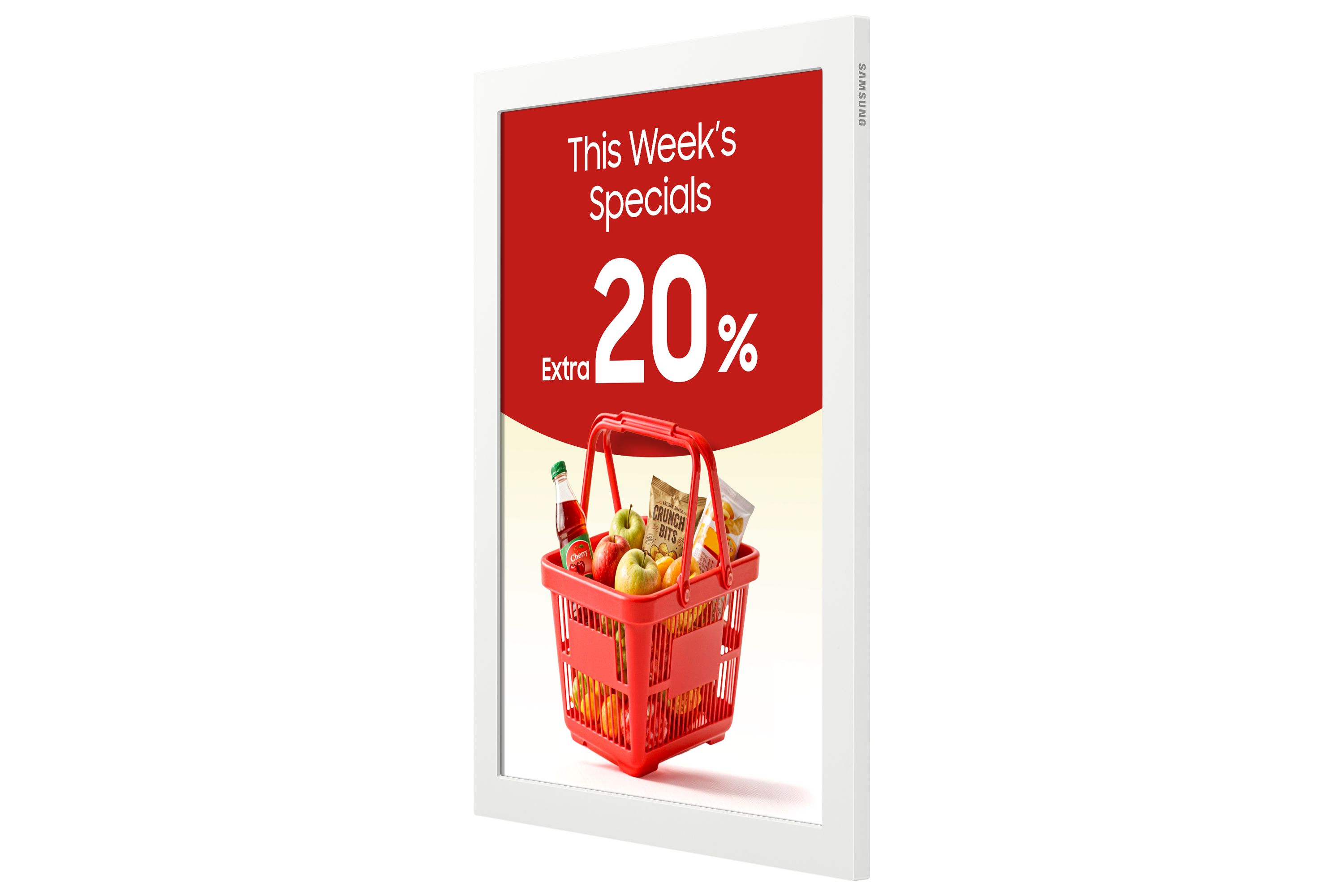 Samsung EM13DX 13” Color E-Paper Display voor digital signage schuin van rechtsvoor portretmodus