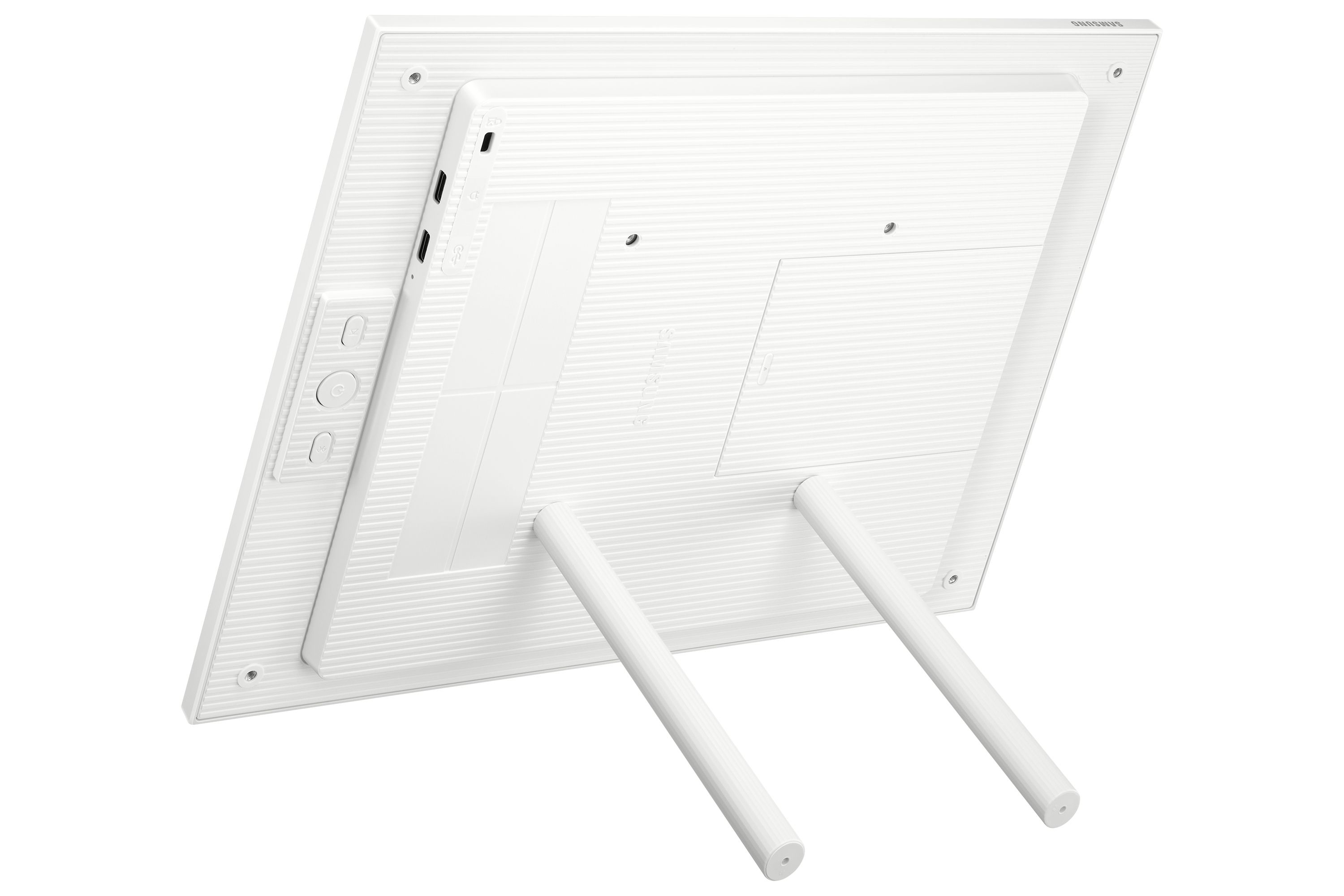 Het Samsung EM13DX 13” Color E-Paper Display op pootjes als standaard in horizontale modus
