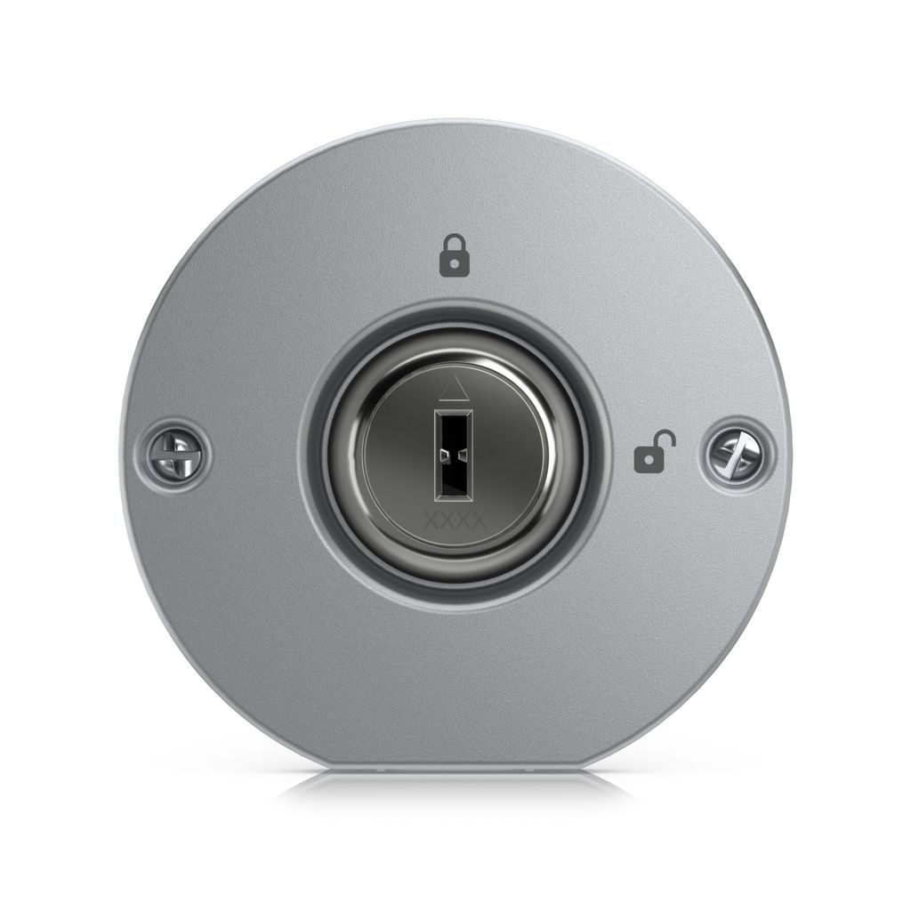 Voorkant van de Ubiquiti UniFi Access Rescue KeySwitch fysieke noodontgrendeling met sleutelgat zichtbaar