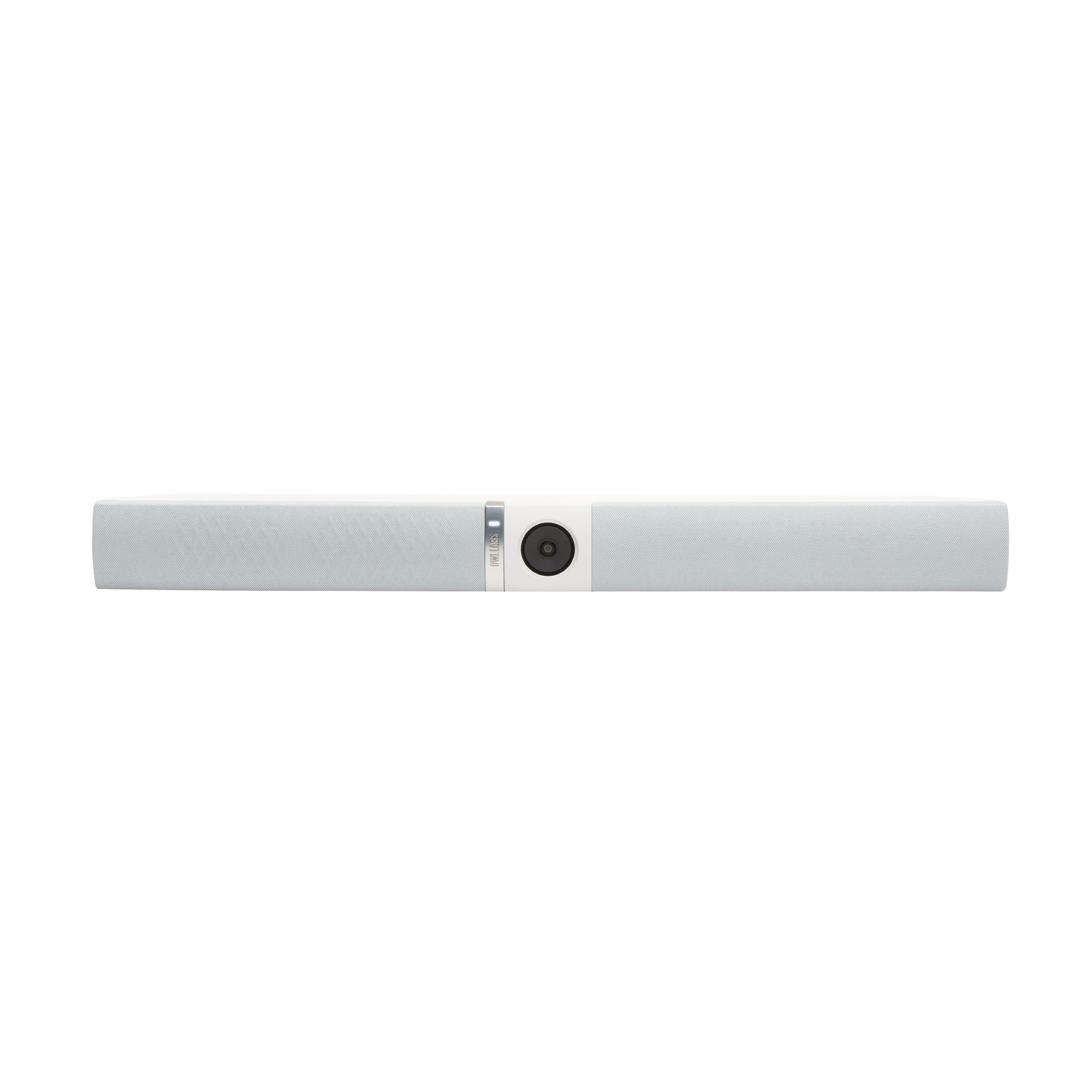 Voorkant van de witte Owl Labs Owl Bar alles-in-één 4K videobar met microfoon en speaker voor hybride vergaderingen