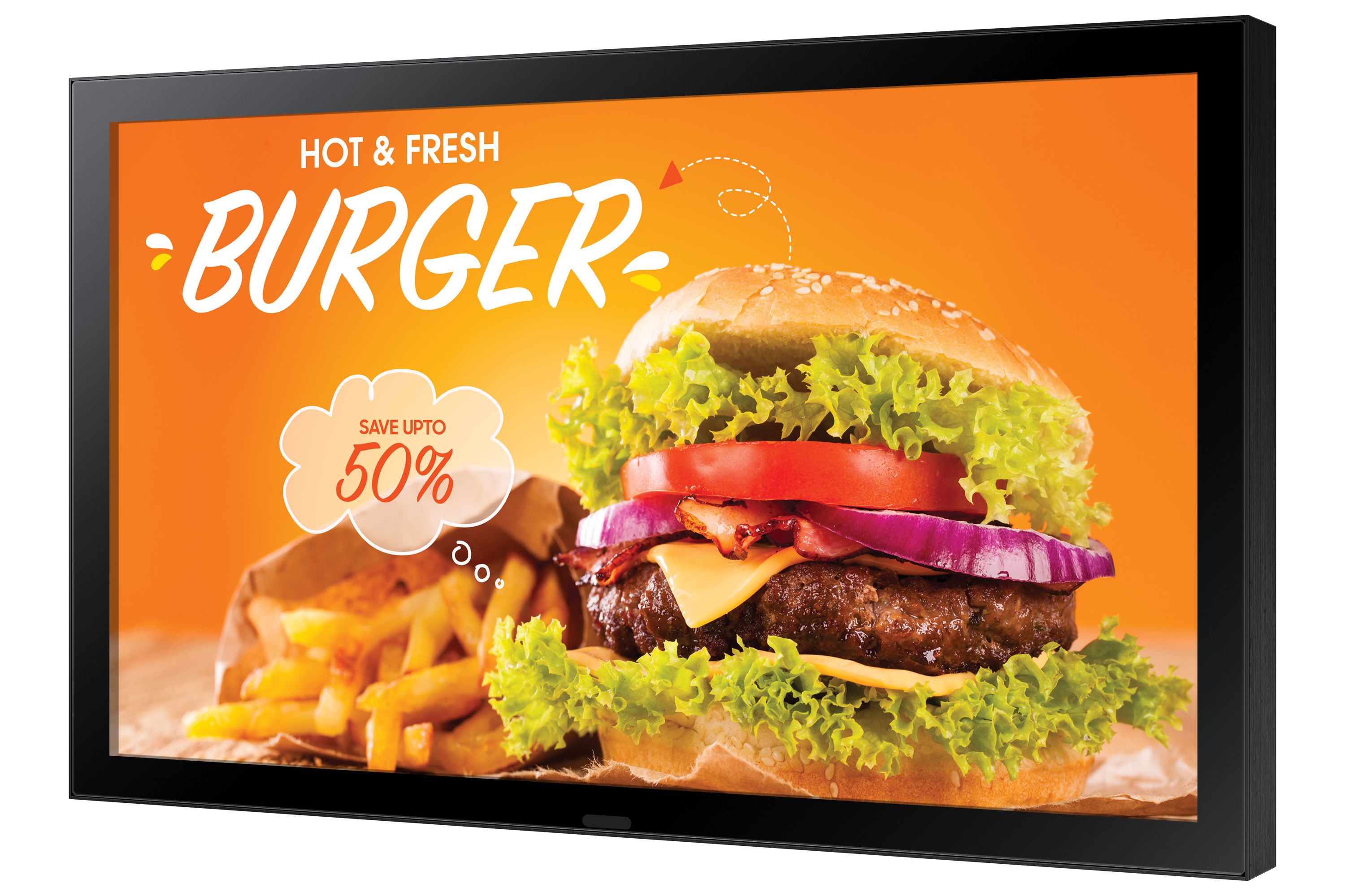 Schuin van voren het Samsung OH24B 24" full HD outdoor high brightness display voor narrowcasting