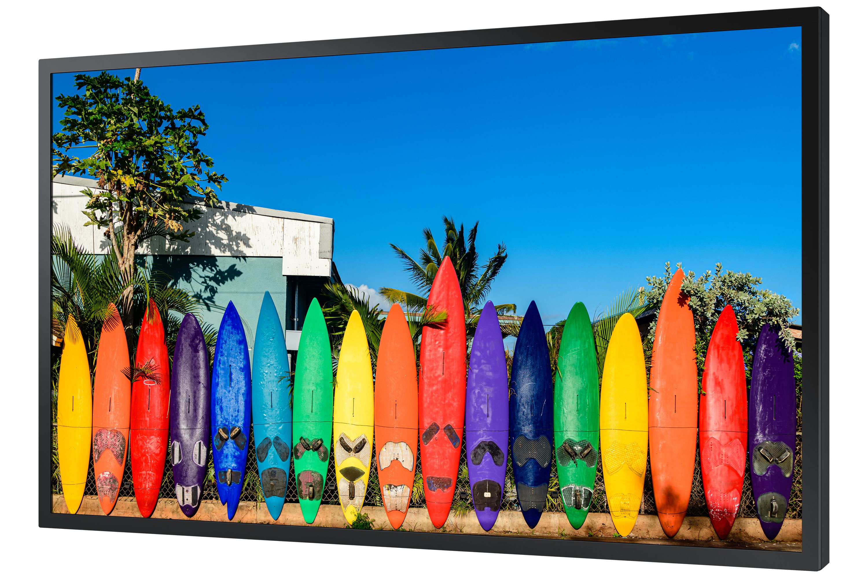 Het Samsung OM55B 4K UHD 55" high brightness etalage display voor narrowcasting schuin van rechtsvoor