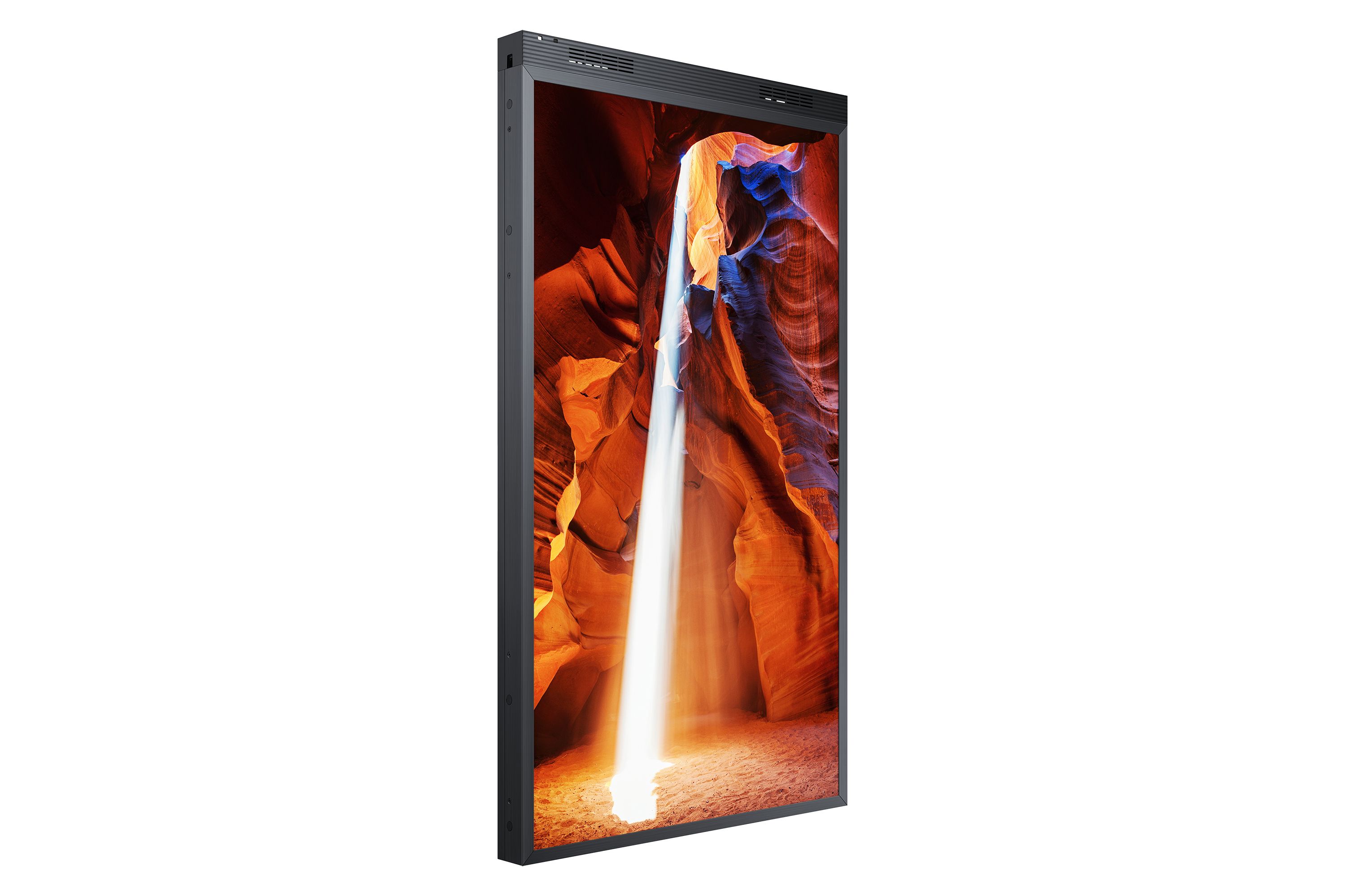 Samsung OM55N-DS dubbelzijdig high brightness etalage display voor digital signage schuin van linksvoor