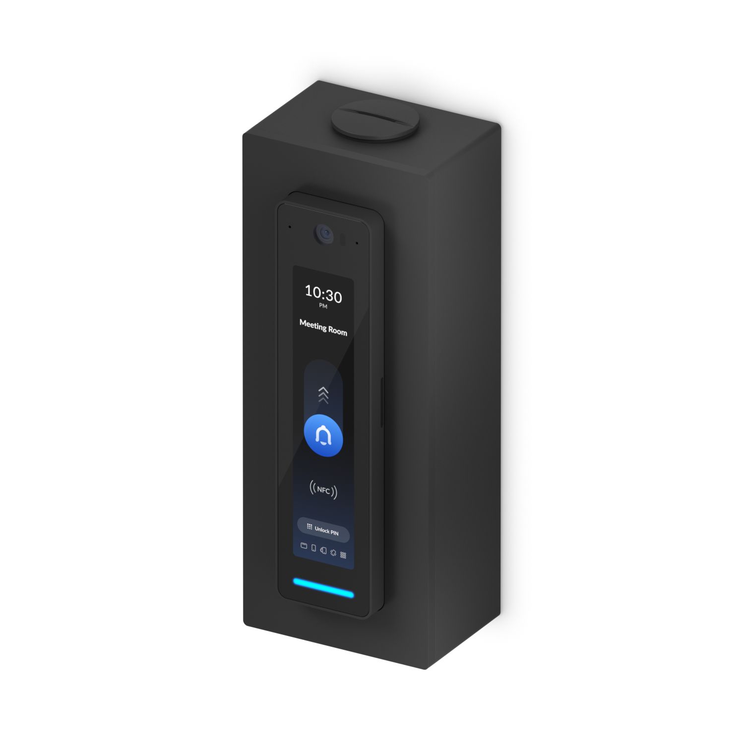 De Ubiquiti UniFi Access Reader Pro Junction Box (zwart) in gebruik als montagebeugel voor een toegangscontrolesysteem