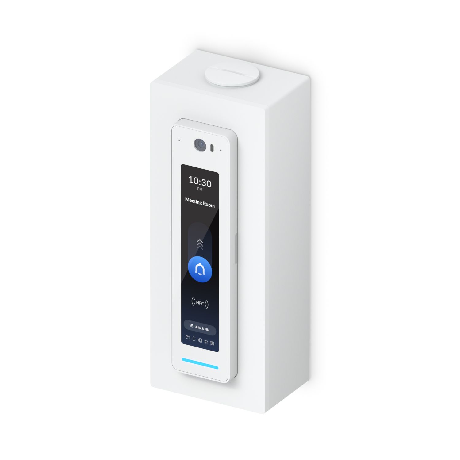 De Ubiquiti UniFi Access Reader Pro Junction Box (wit) in gebruik als montagebeugel voor een toegangscontrolesysteem