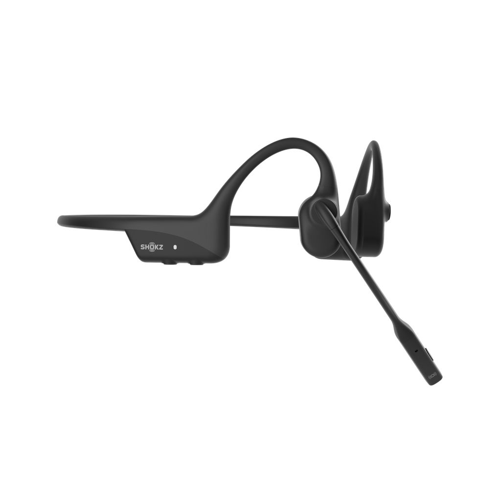 De dubbeloors Shokz OpenComm2 bone conduction open-ear headset schuin van de zijkant