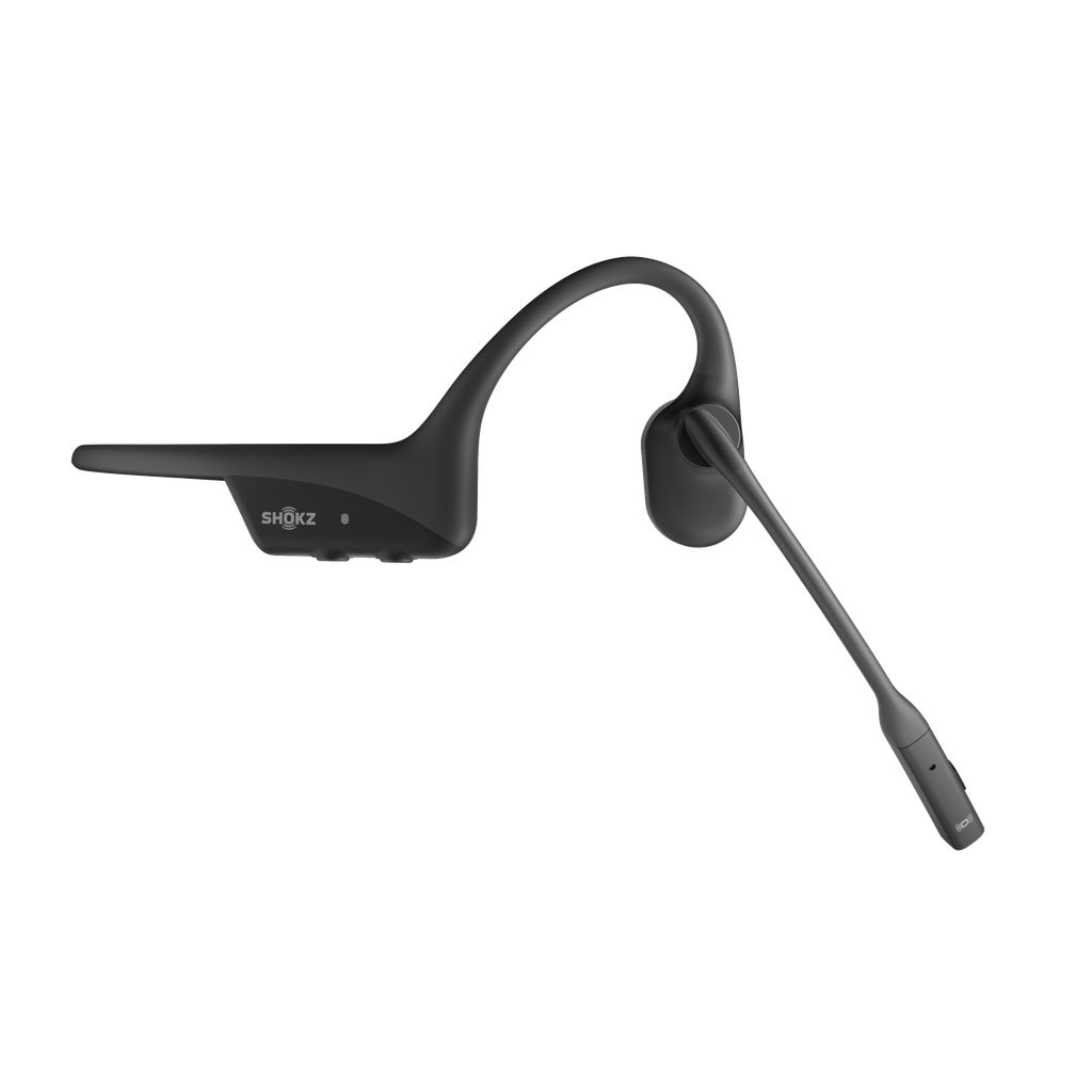 Zijkant van de dubbeloors Shokz OpenComm2 bone conduction open-ear headset met microfoonarm naar beneden