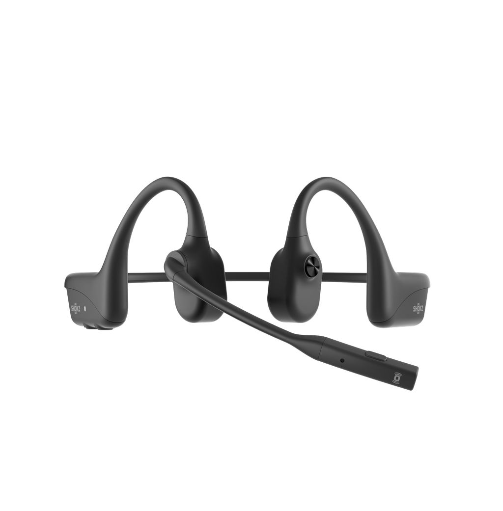 Voorkant van de dubbeloors Shokz OpenComm2 bone conduction open-ear headset met de microfoonarm iets omhoog