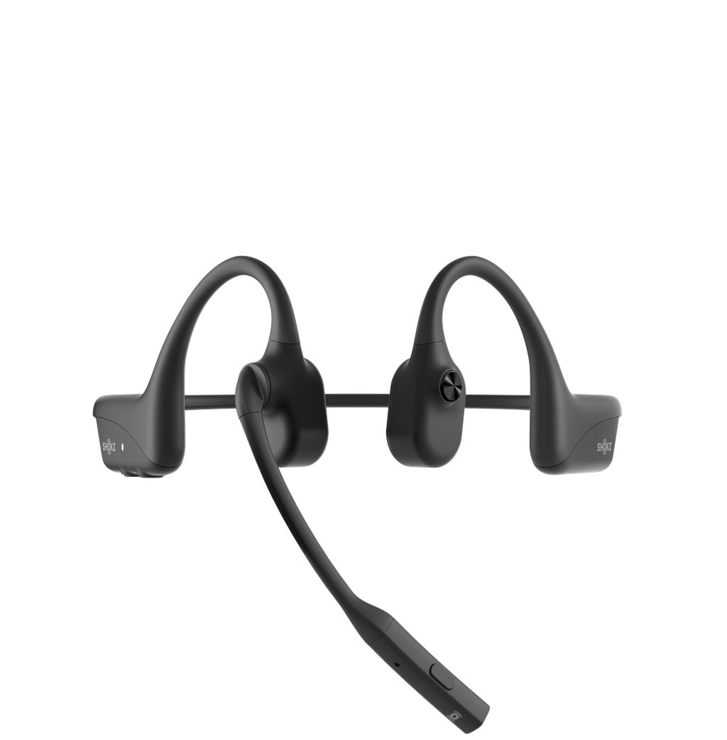 Voorkant van de dubbeloors Shokz OpenComm2 bone conduction open-ear headset met boommicrofoon volledig uitgeklapt