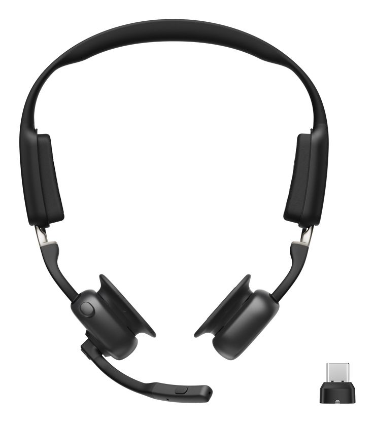 De professionele Shokz OpenMeet UC bone conduction en air conduction open-ear headset met USB-C dongle
