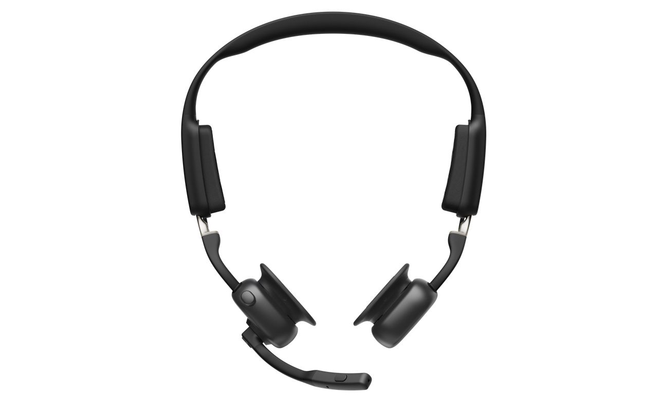 De professionele Shokz OpenMeet UC bone conduction en air conduction open-ear headset