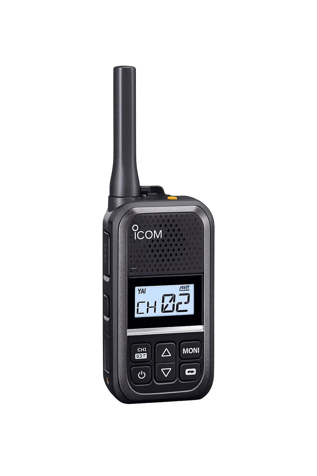 De Icom IC-U20SR compacte vergunningsvrije portofoon met lader schuin van voor