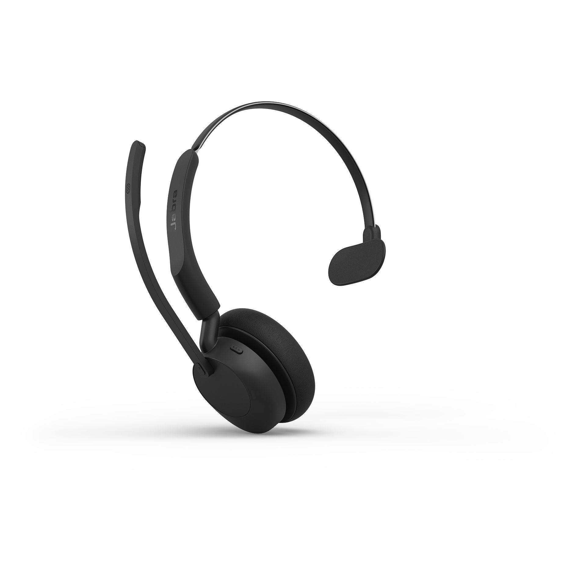 Jabra Evolve3 45 UC mono Bluetooth headset schuin met de microfoonarm omhoog geklapt