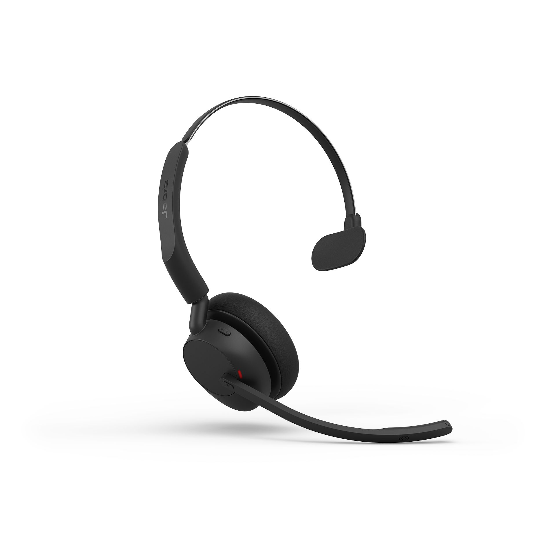 Jabra Evolve3 45 UC mono Bluetooth headset met busylight aan en microfoonarm naar beneden geklapt