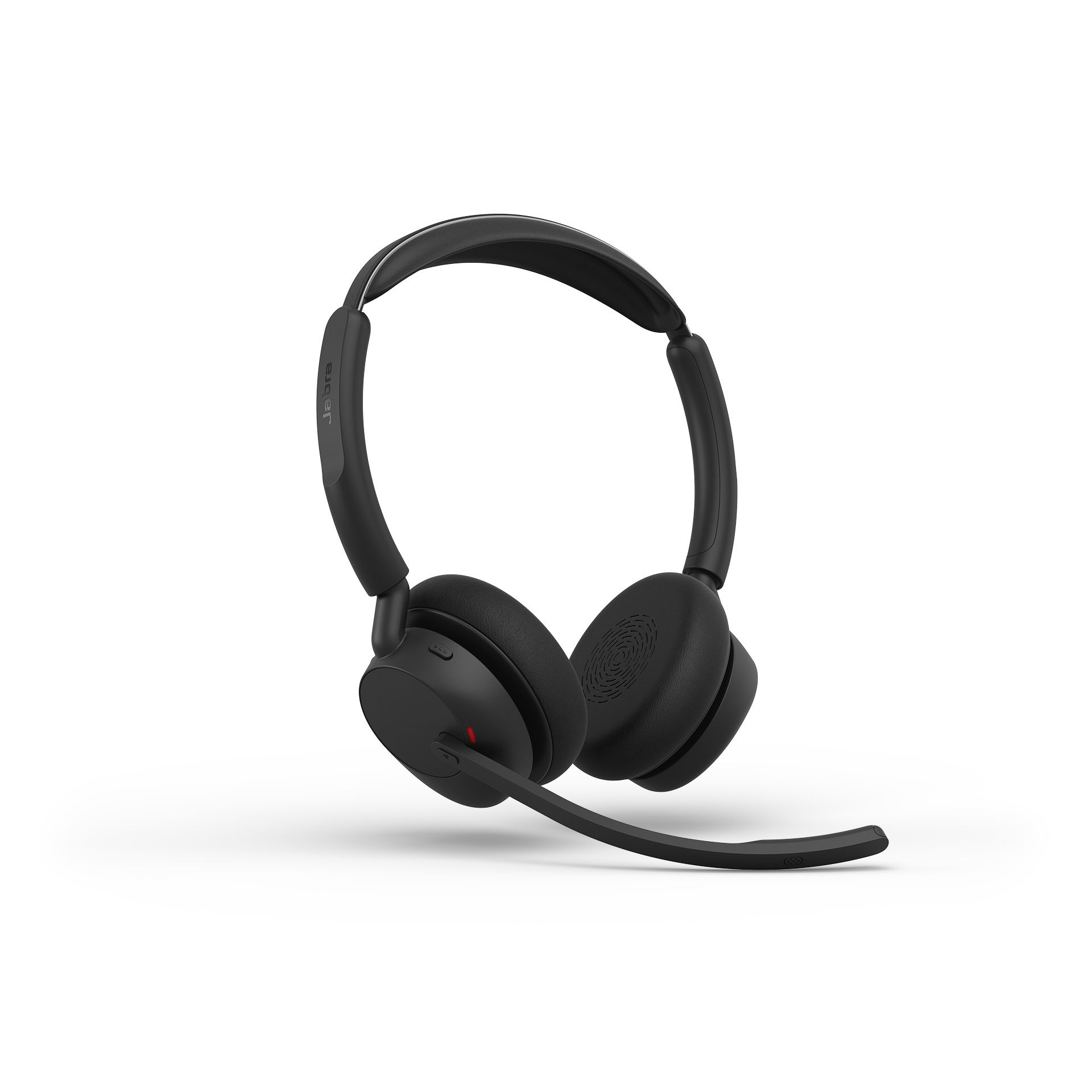 Jabra Evolve3 45 UC stereo Bluetooth headset schuin met busylight aan