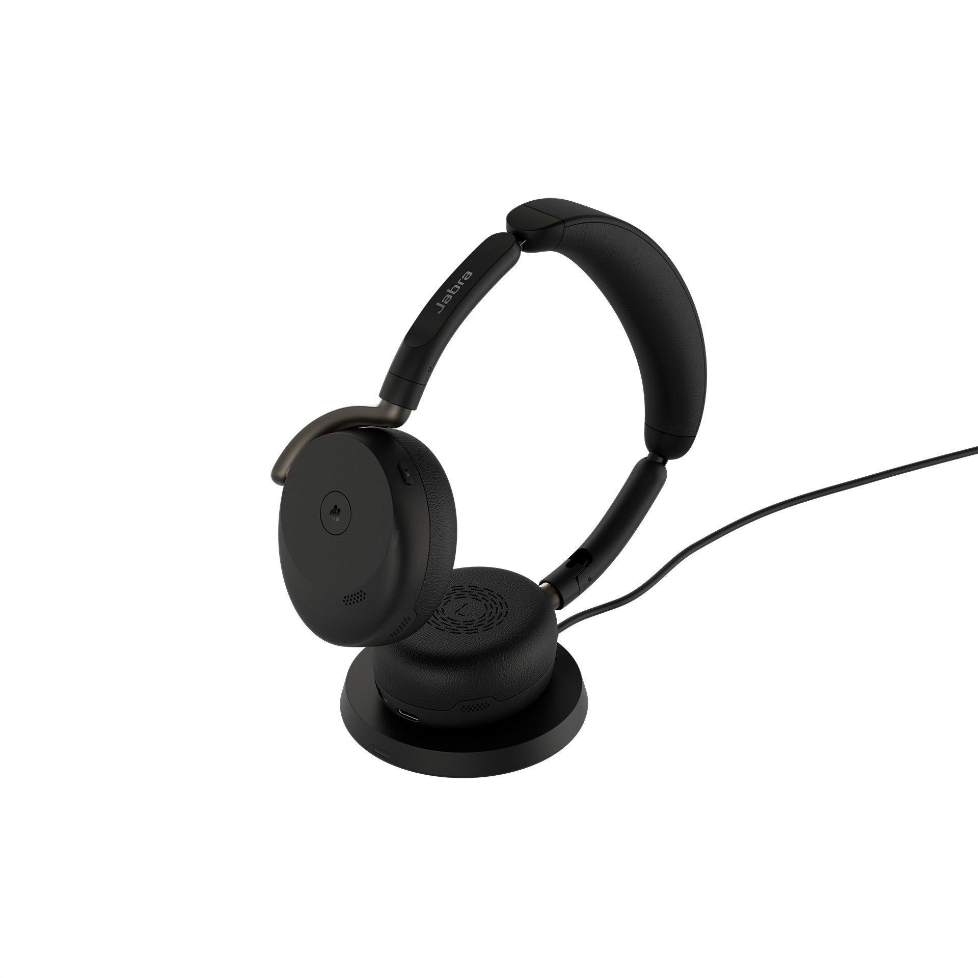 Jabra Evolve3 65 Flex MS Teams Bluetooth headset voor hybride werken, met oplaadstation voor draadloos laden.