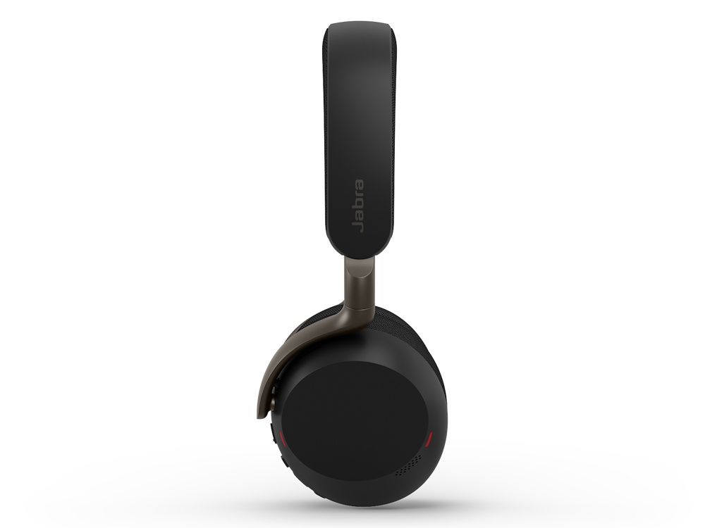 Zijkant van de compacte Jabra Evolve3 75 MS Bluetooth headset met busylight aan