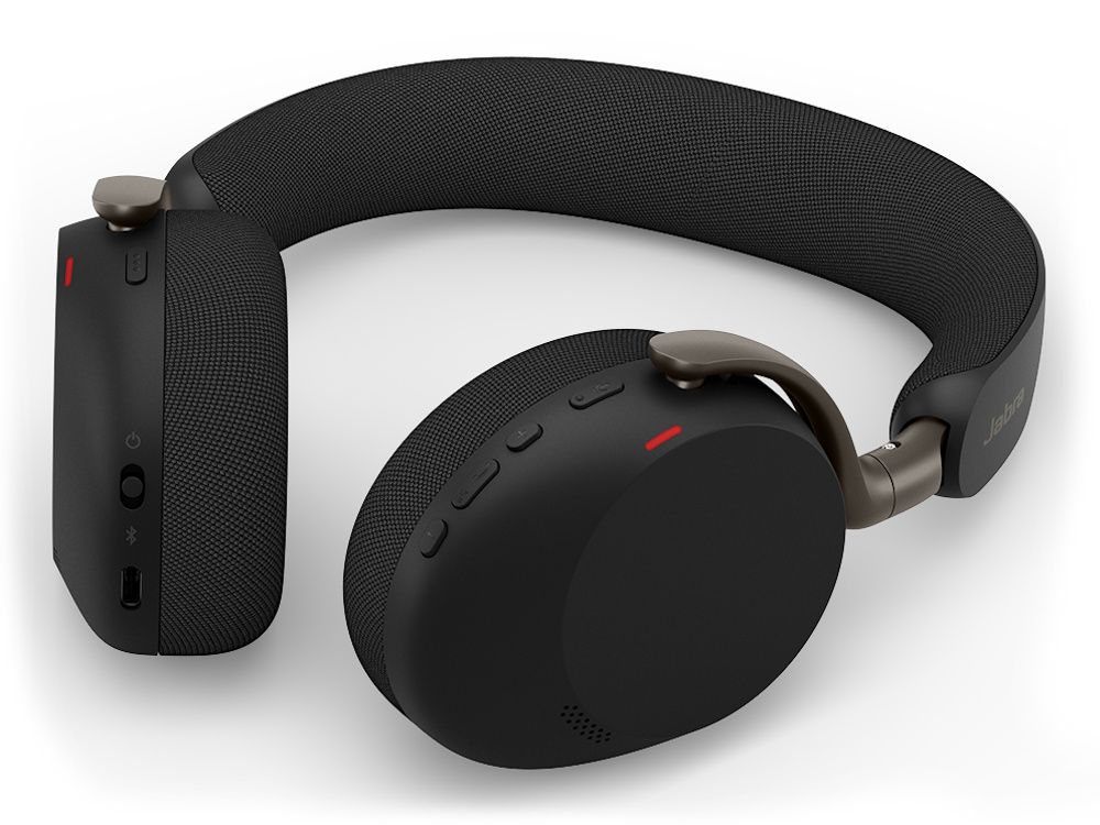 De draadloze Jabra Evolve3 75 MS Bluetooth headset liggend met busylight aan en bedieningsknoppen goed zichtbaar