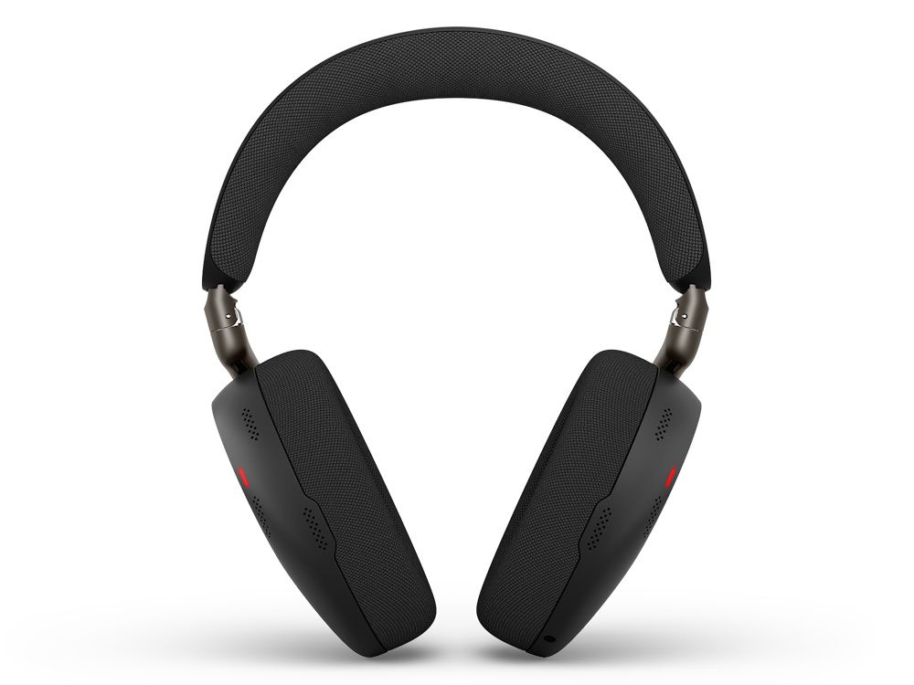 Voorkant van de Jabra Evolve3 85 MS Bluetooth headset met de rode busylights aan