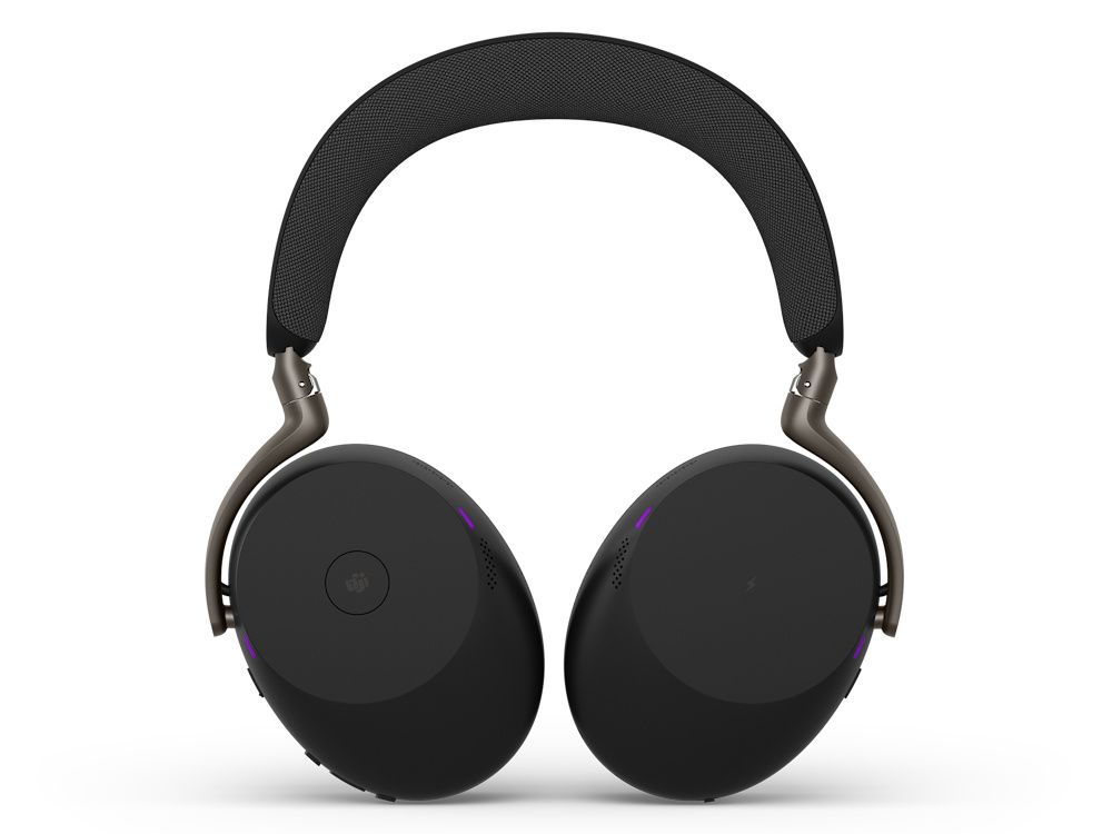 De draadloze Jabra Evolve3 85 MS Bluetooth headset met de oorschelpen plat ingedraaid