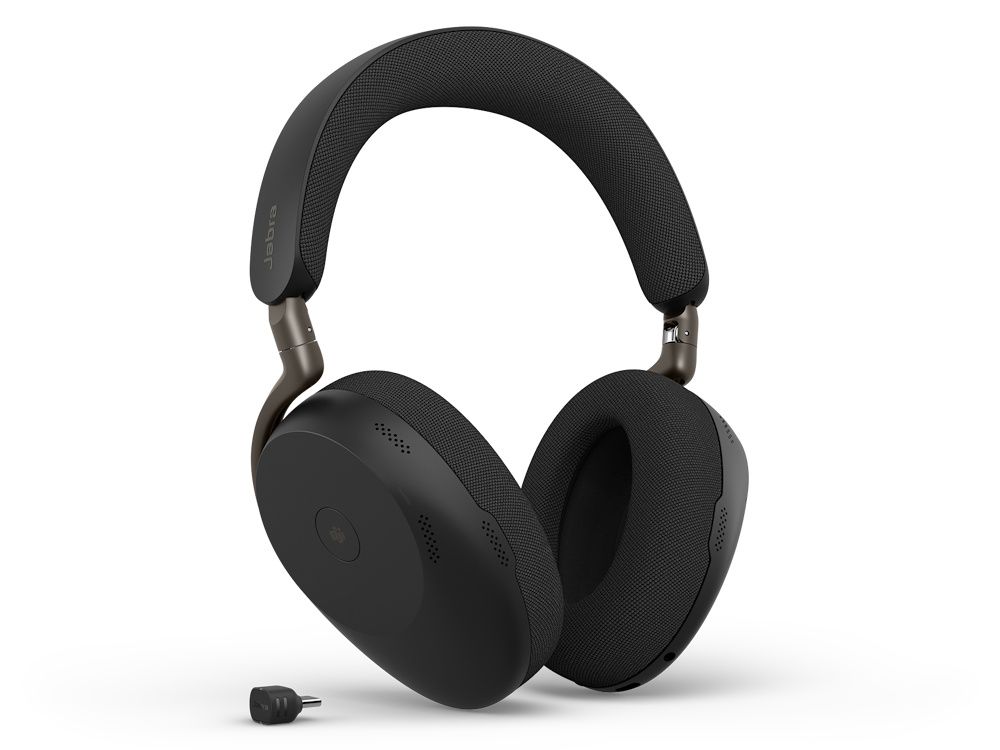 De draadloze Jabra Evolve3 85 MS over-ear headset met USB-C Bluetooth dongle en Teams knop