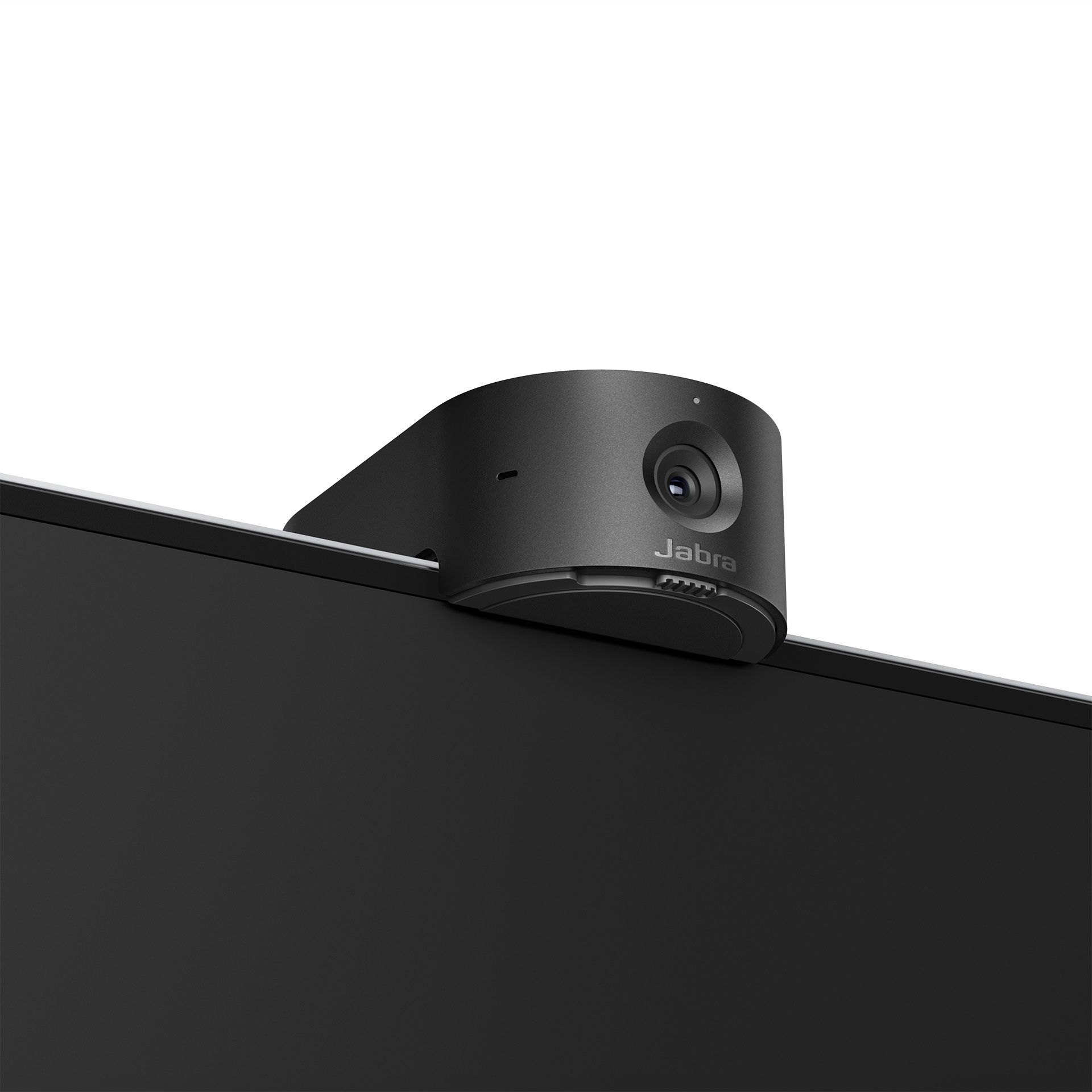 De Jabra PanaCast 20 4K webcam voor videovergaderen op een computerscherm met de lens zichtbaar