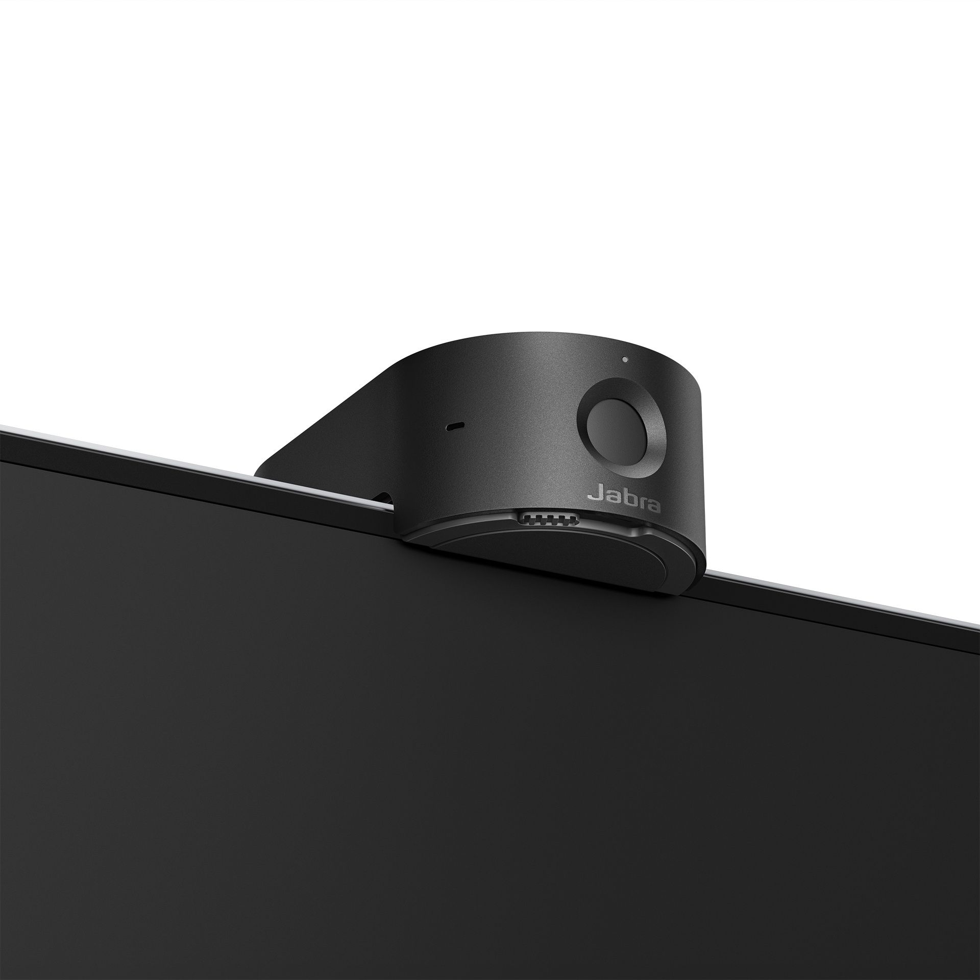 Jabra PanaCast 20 4K webcam voor videovergaderen op een computerscherm met de privacy afscherming