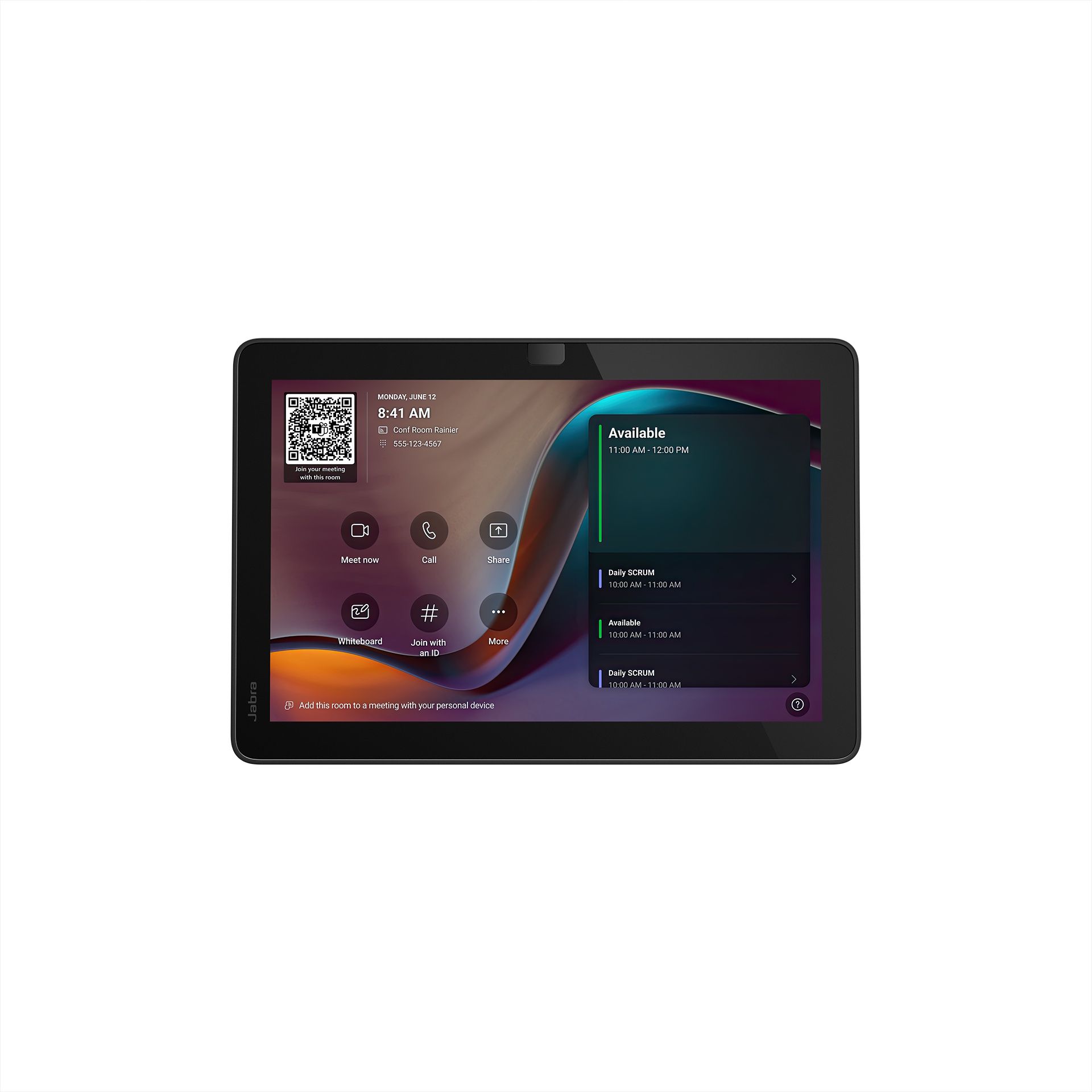 Voorkant van de Jabra Control IP touchscreen controller voor Microsoft Teams Room vergaderingen